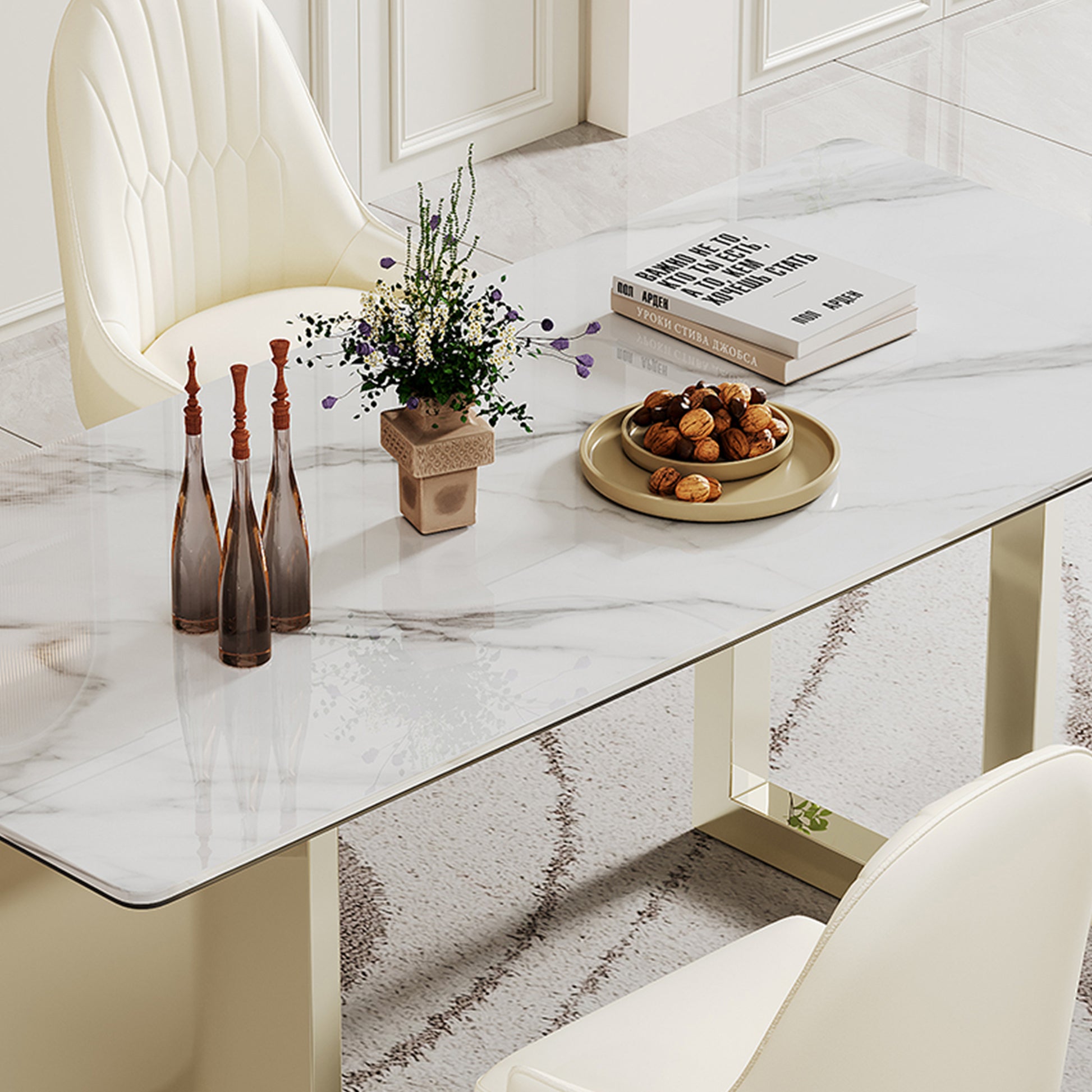 0.47" Thick Sintered Stone Composite Tempered Glass Top Rectangular Dining Table With Stainless Steel Base Gold Sintered Stone