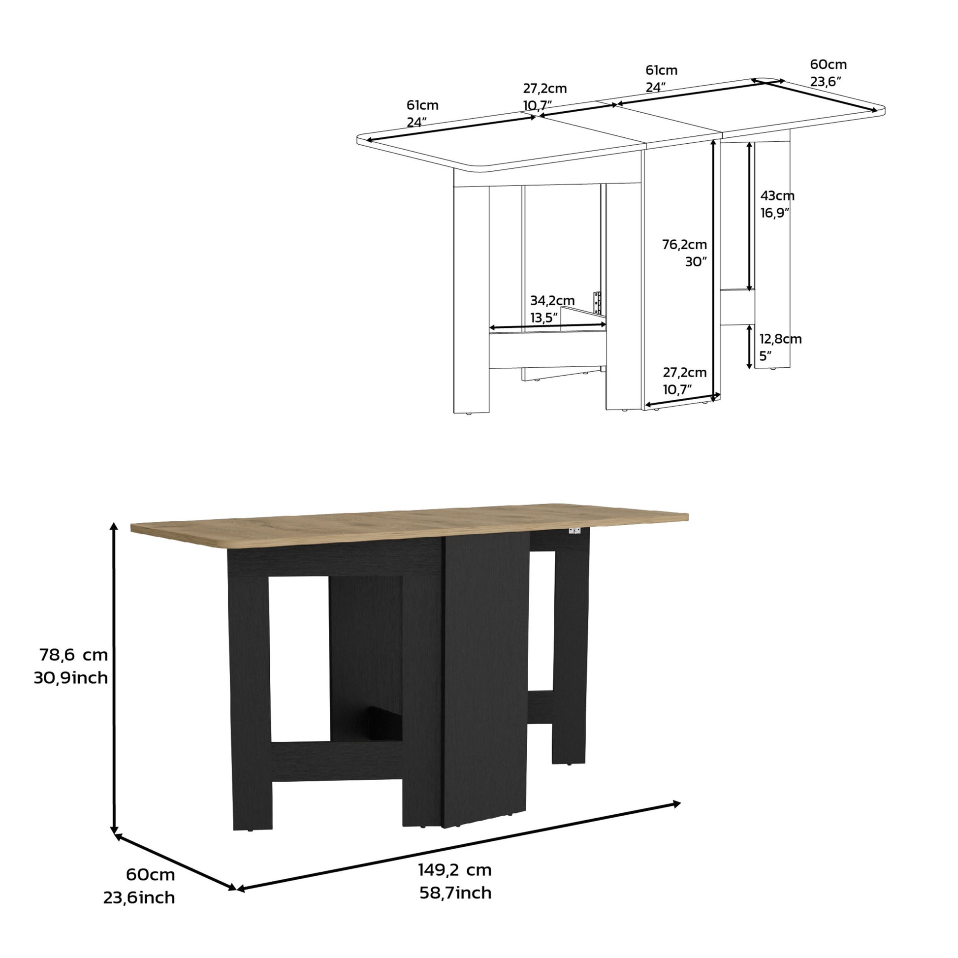 Detroit Folding Table With Expandable Design In 3 Forms, White Macadamia Black Multi Particle Board Pine