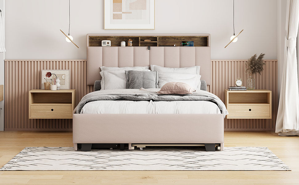 Full Size Upholstered Platform Bed With Storage Headboard, Twin Size Trundle & 2 Drawers And A Set Of Sockets & Usb Ports, Linen Fabric, Beige Beige Linen