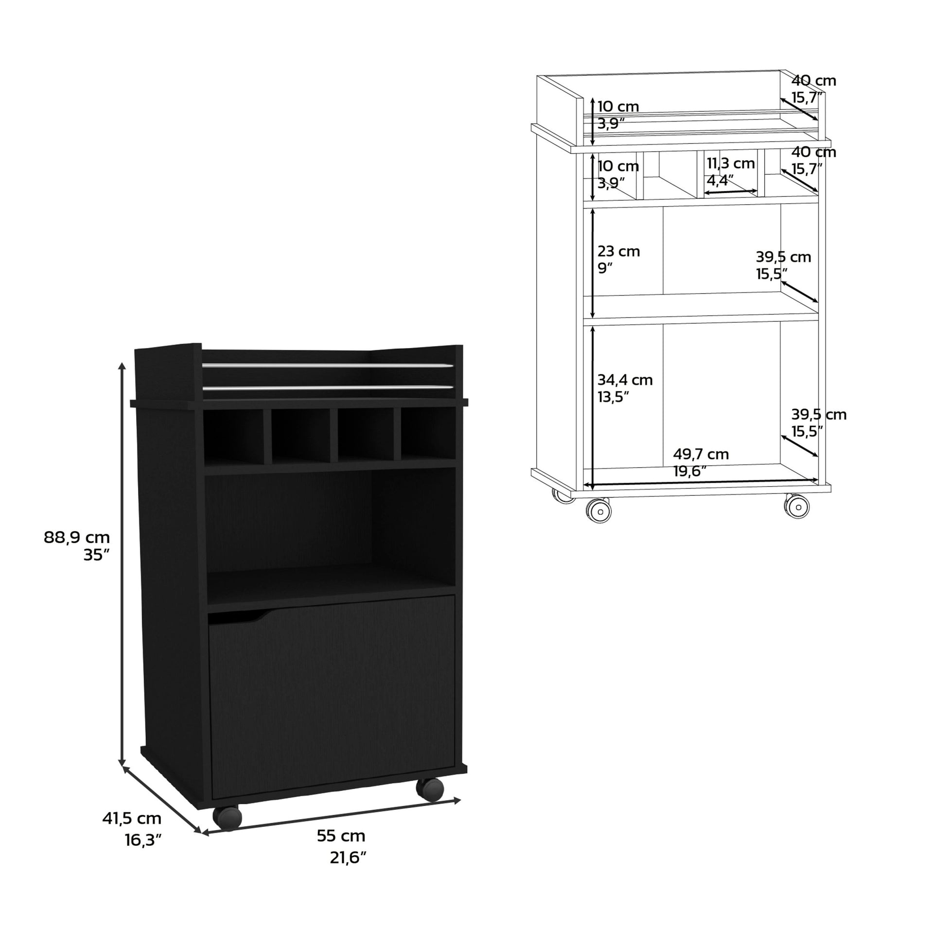 Sims 35" H Bar Cart With Two Shelves Four Wine Cubbies And One Cabinet,Black Black Particle Board Pine