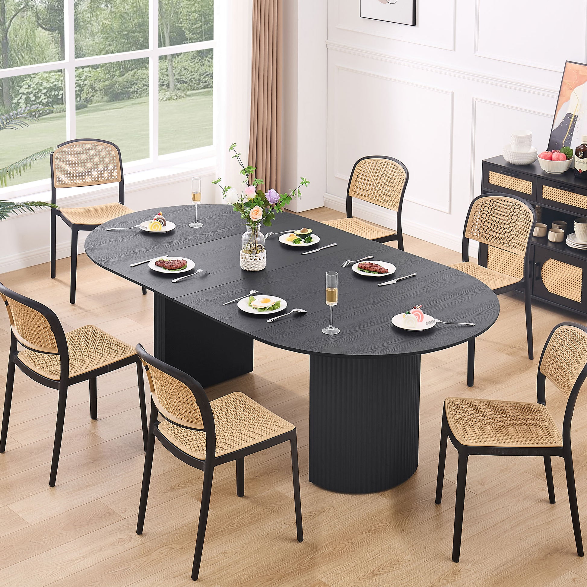 Expandable Dining Table,Solid Top Extending Table Modern Kitchen Table, Leisure Desk For Kitchen Dining Living Room Apartment.Black Black Foam Mdf