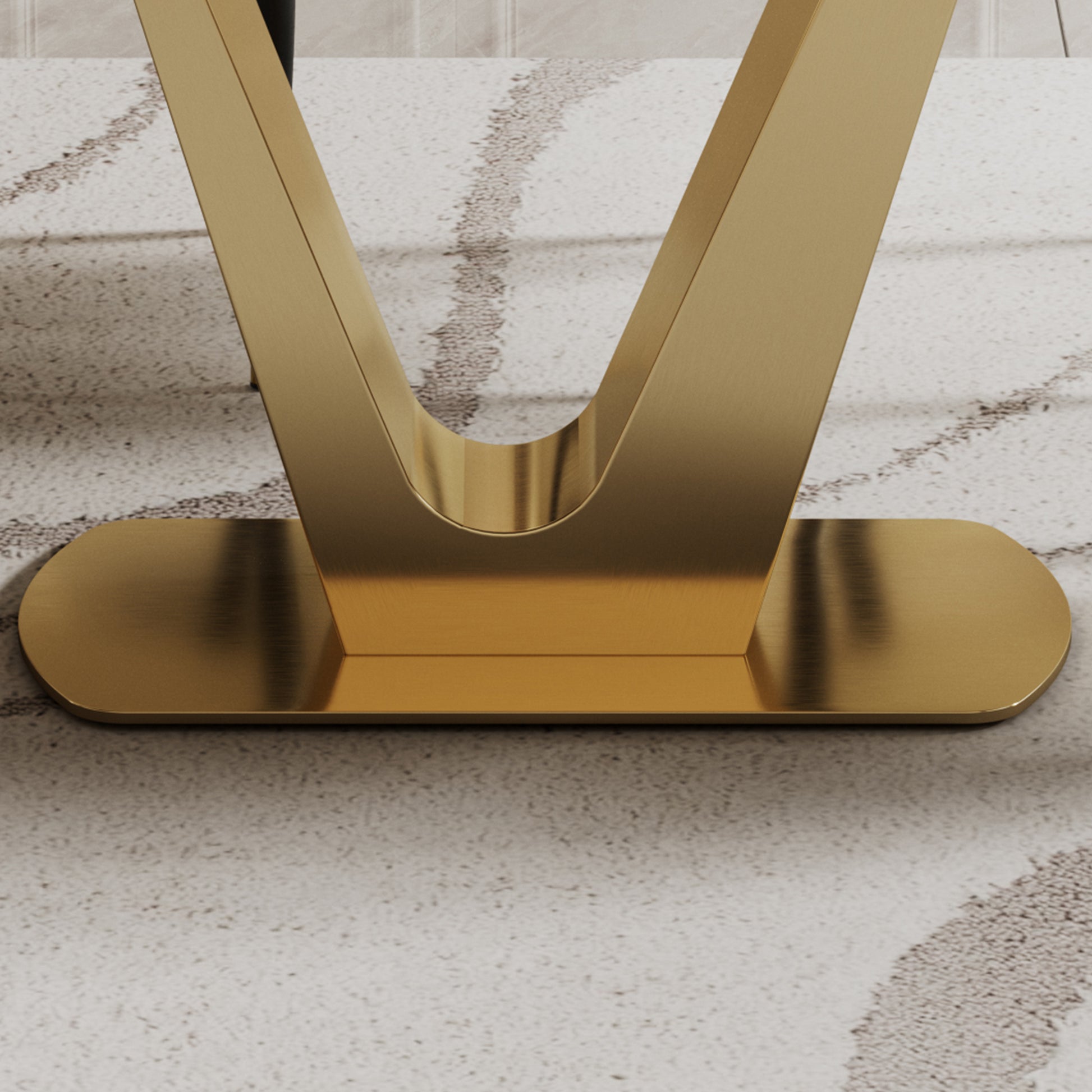 0.47" Thick Sintered Stone Composite Tempered Glass Top Dining Table With V Shape Stainless Steel Base Gold Sintered Stone