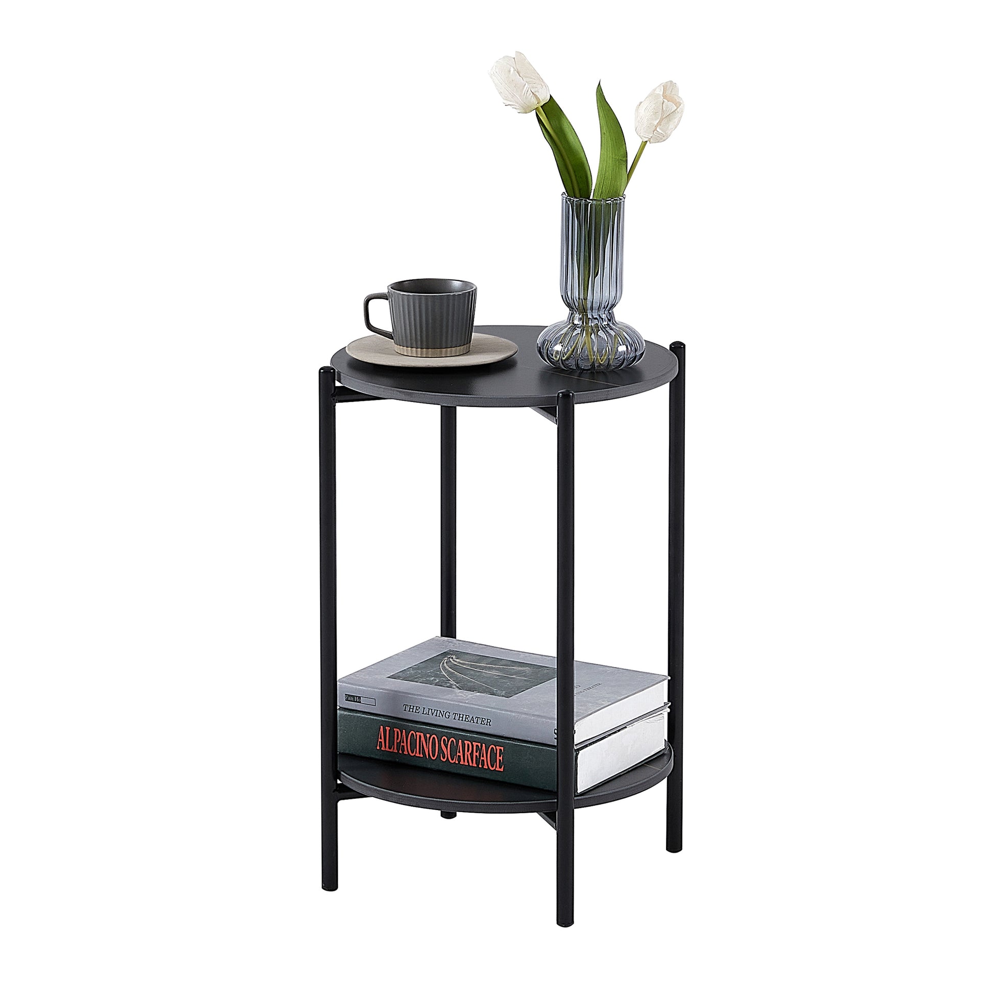 2 Layer End Table With Whole Marble Tabletop, Round Coffee Table With Black Metal Frame For Bedroom Living Room Office Black,1 Piece Black Metal Stone