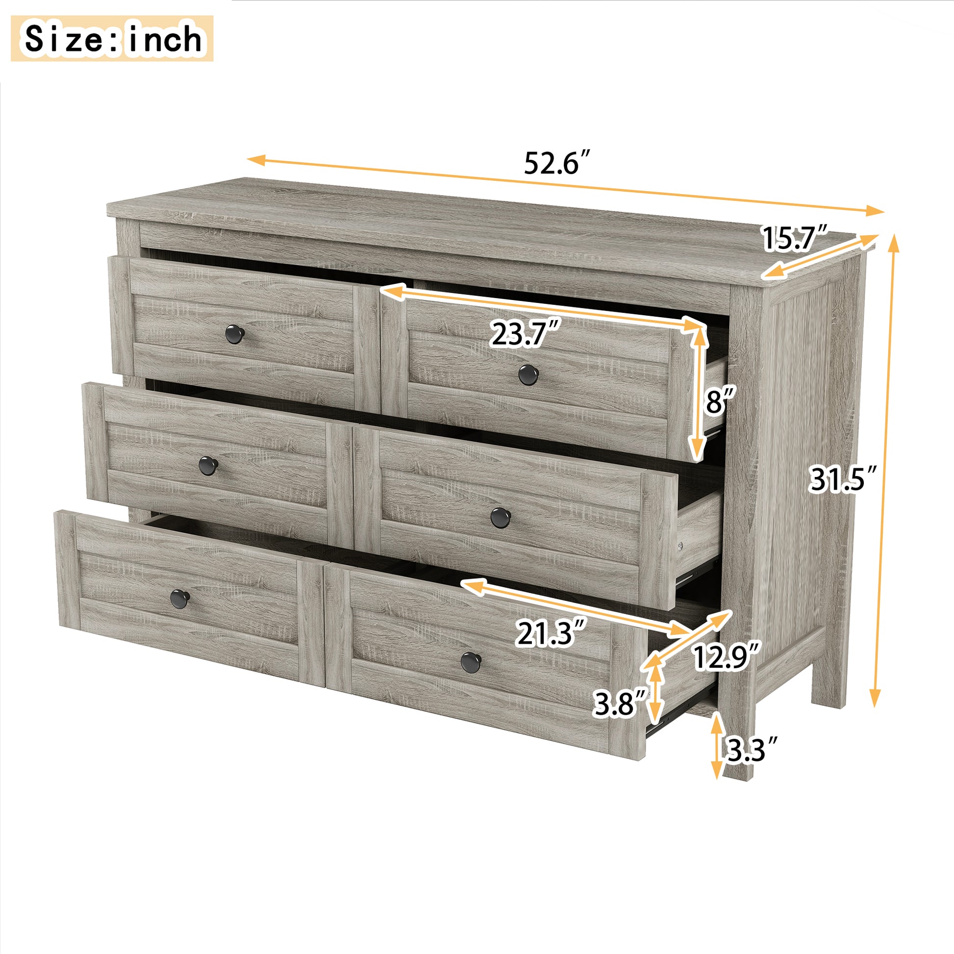 Retro Farmhouse Style Wooden Dresser With 6 Drawer, Storage Cabinet For Bedroom, Anitque Gray Antique Gray Particle Board