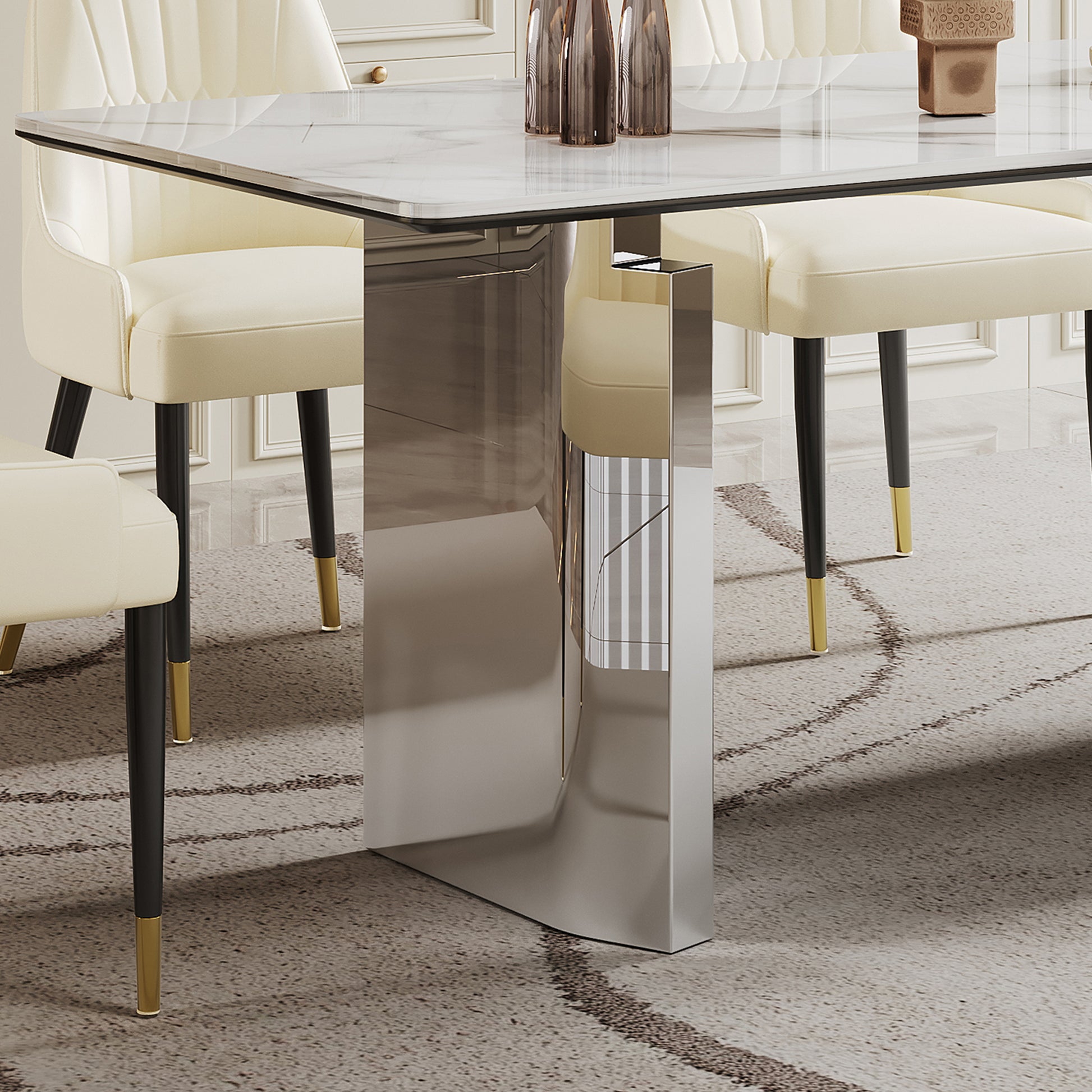 0.47" Thick Sintered Stone Composite Tempered Glass Top Rectangular Dining Table With Stainless Steel Base Gold Sintered Stone