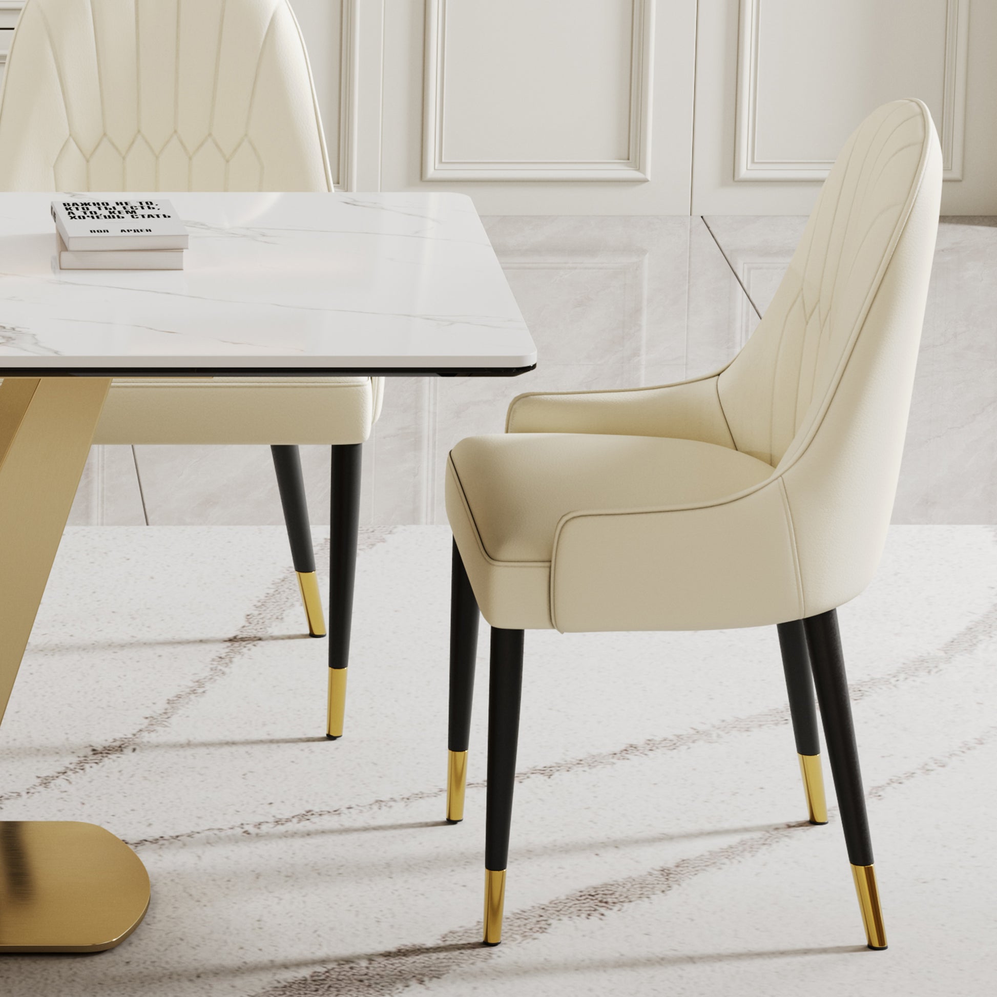 0.47" Thick Sintered Stone Composite Tempered Glass Top Dining Table With V Shape Stainless Steel Base Gold Sintered Stone