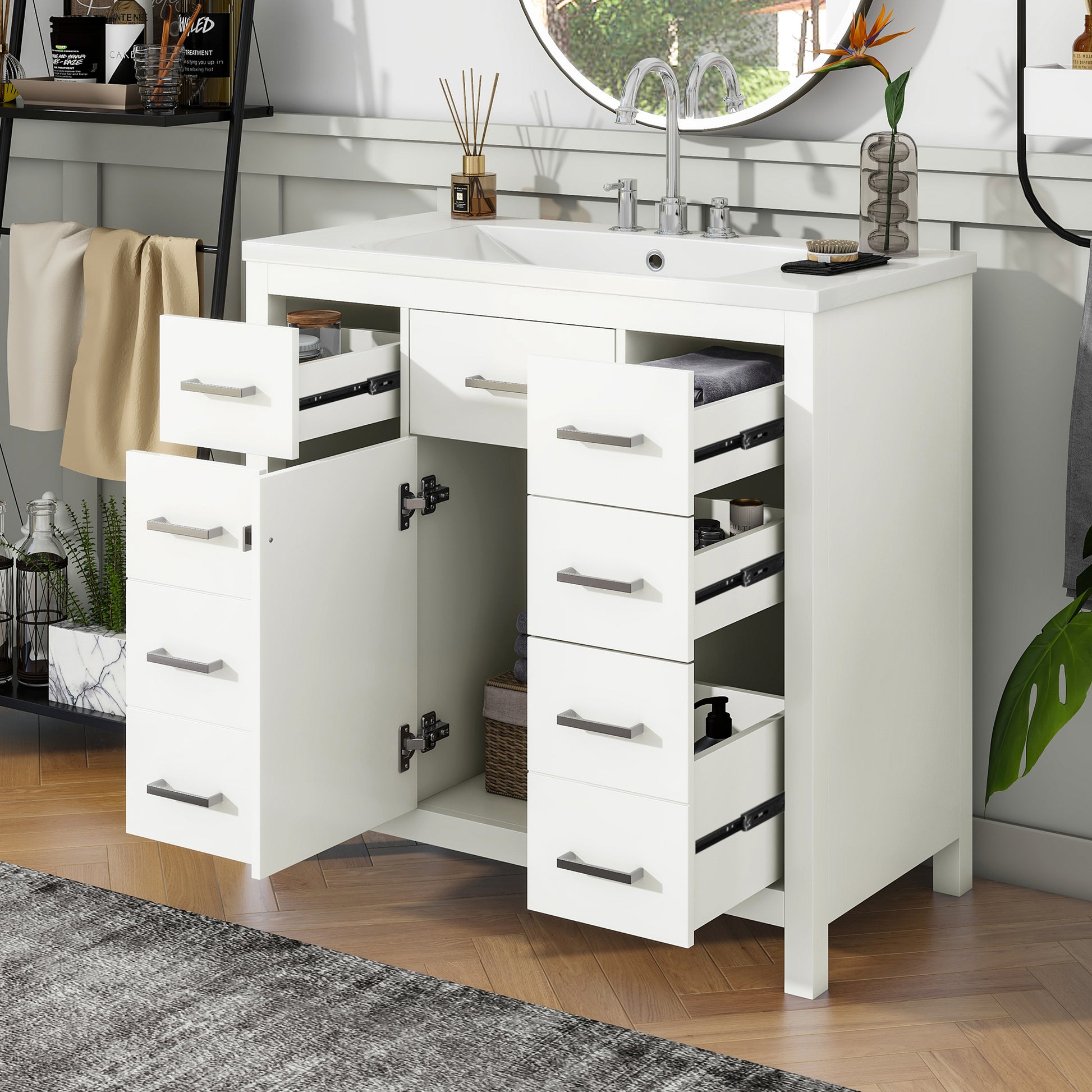 36 Inch Modern Bathroom Vanity Cabinet With Multifunctional Storage Space 5 Drawers And 1 Door White Solid Wood Mdf Resin