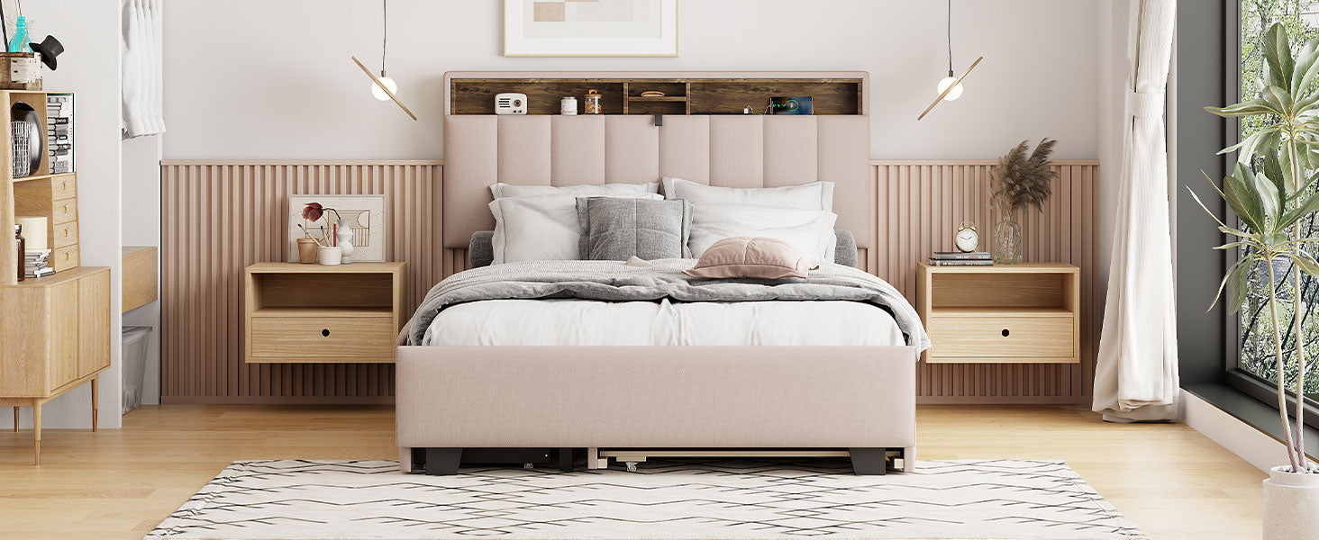 Full Size Upholstered Platform Bed With Storage Headboard, Twin Size Trundle & 2 Drawers And A Set Of Sockets & Usb Ports, Linen Fabric, Beige Beige Linen