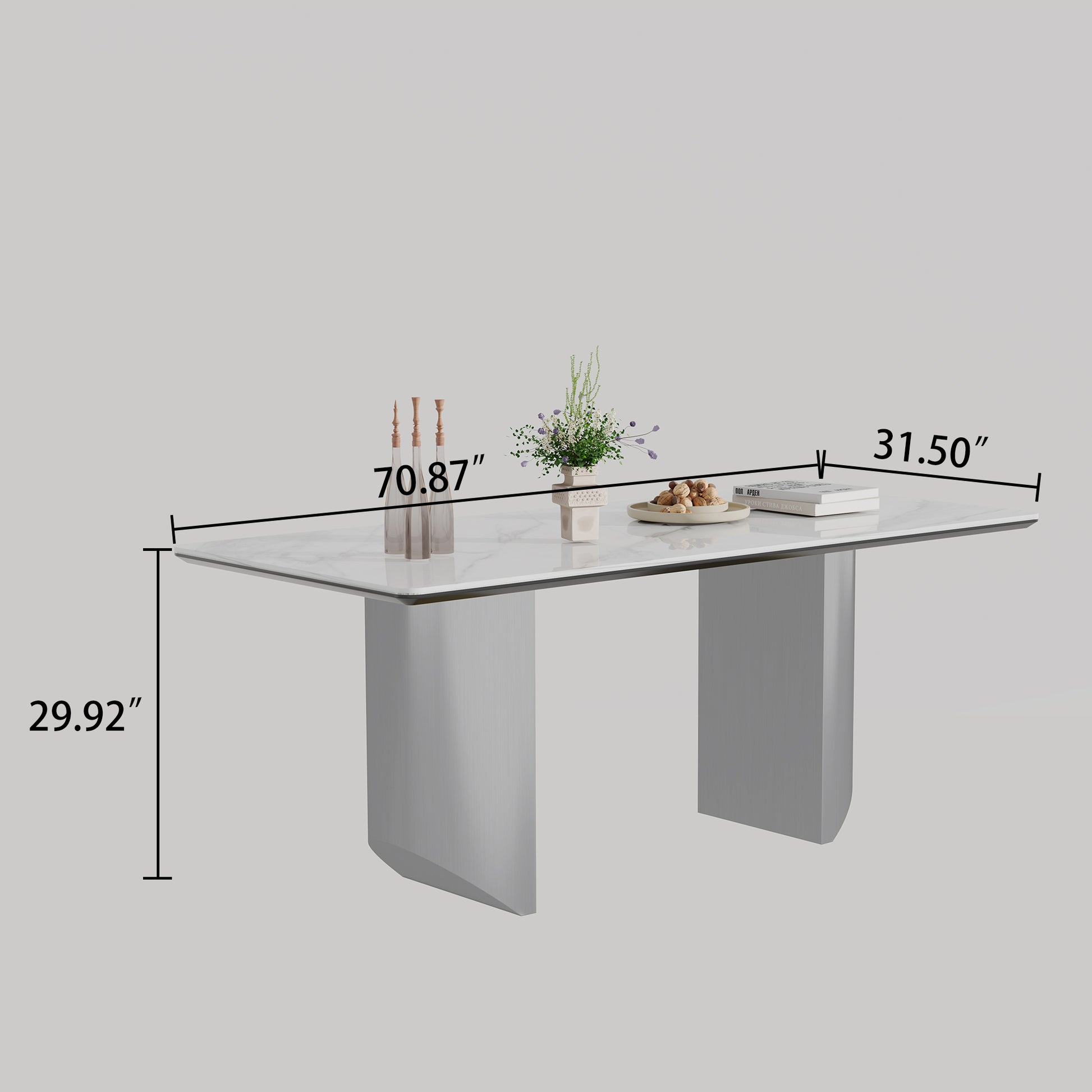0.47" Thick Sintered Stone Composite Tempered Glass Top Rectangular Dining Table With Stainless Steel Base Silver Sintered Stone