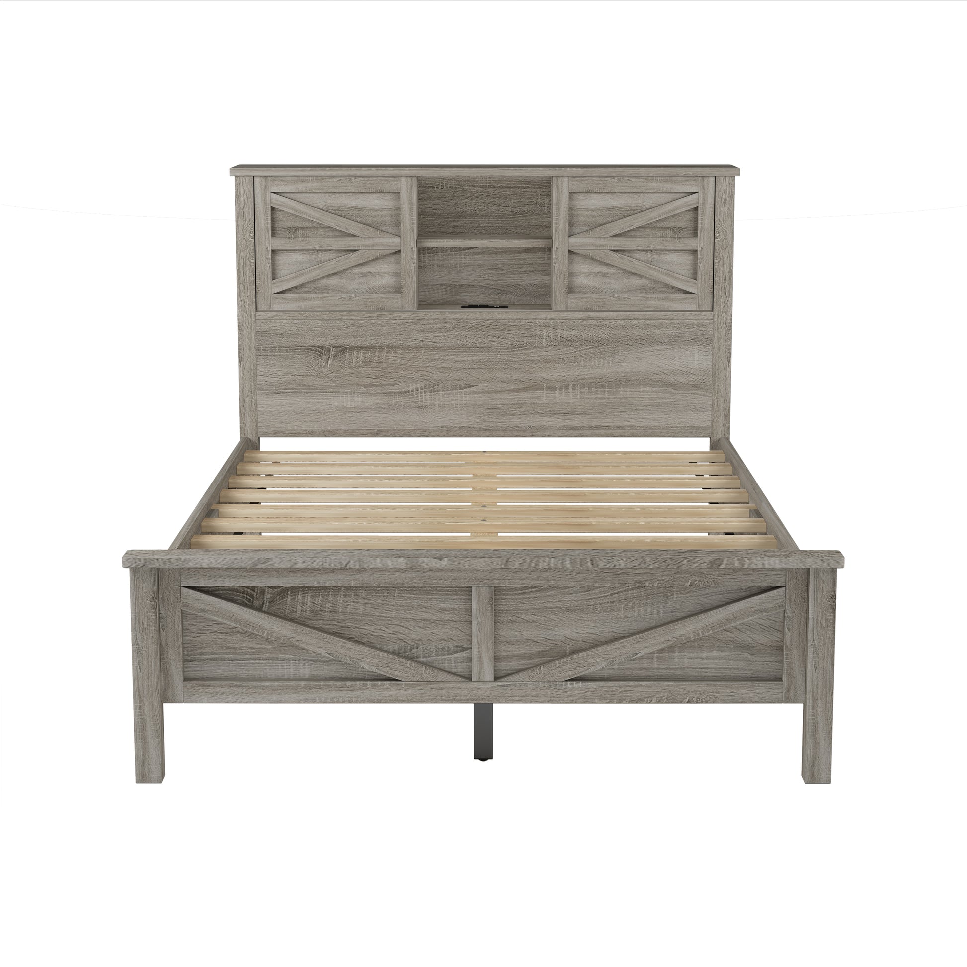 Farmhouse Platform Bed With Double Sliding Barn Door, Full Size Rustic Wood Bed Withcharging Station, Wood Slats Support, Antique Gray Antique Gray Particle Board