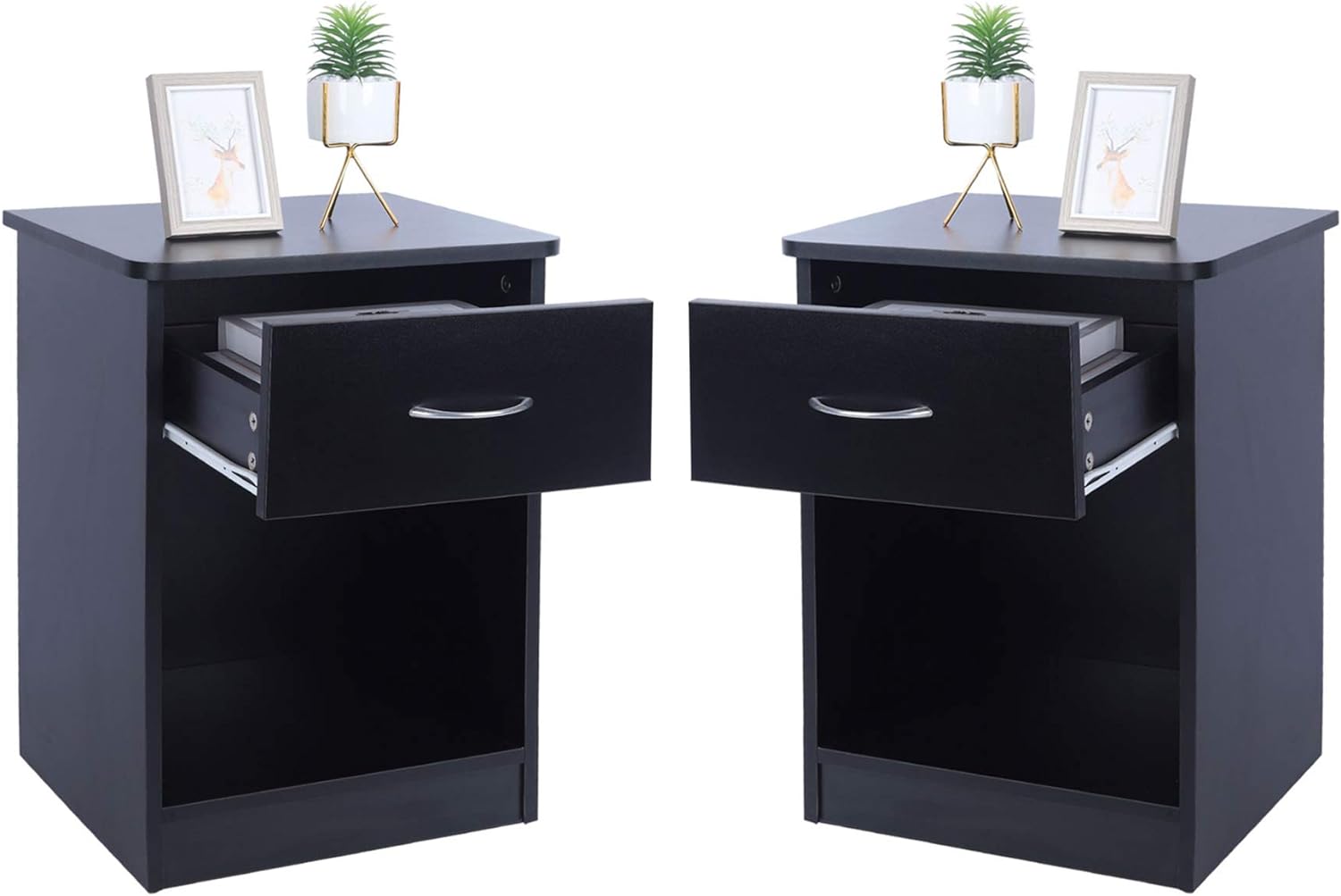 2 Pcs Of Lack Nightstand With Drawers, End Table Bedroom Side Tables Bedside Cabinets, File Cabinet Storage With Sliding Drawer And Shelf For Home Office Black Black Mdf