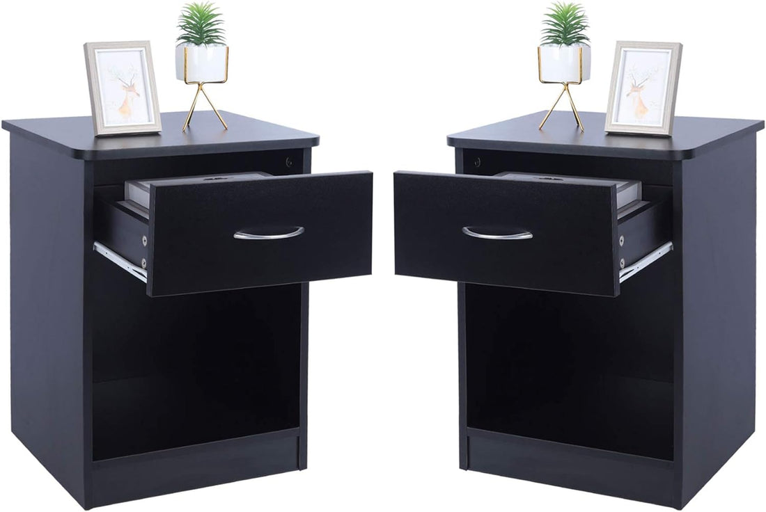 2 Pcs Of Lack Nightstand With Drawers, End Table Bedroom Side Tables Bedside Cabinets, File Cabinet Storage With Sliding Drawer And Shelf For Home Office Black Black Mdf