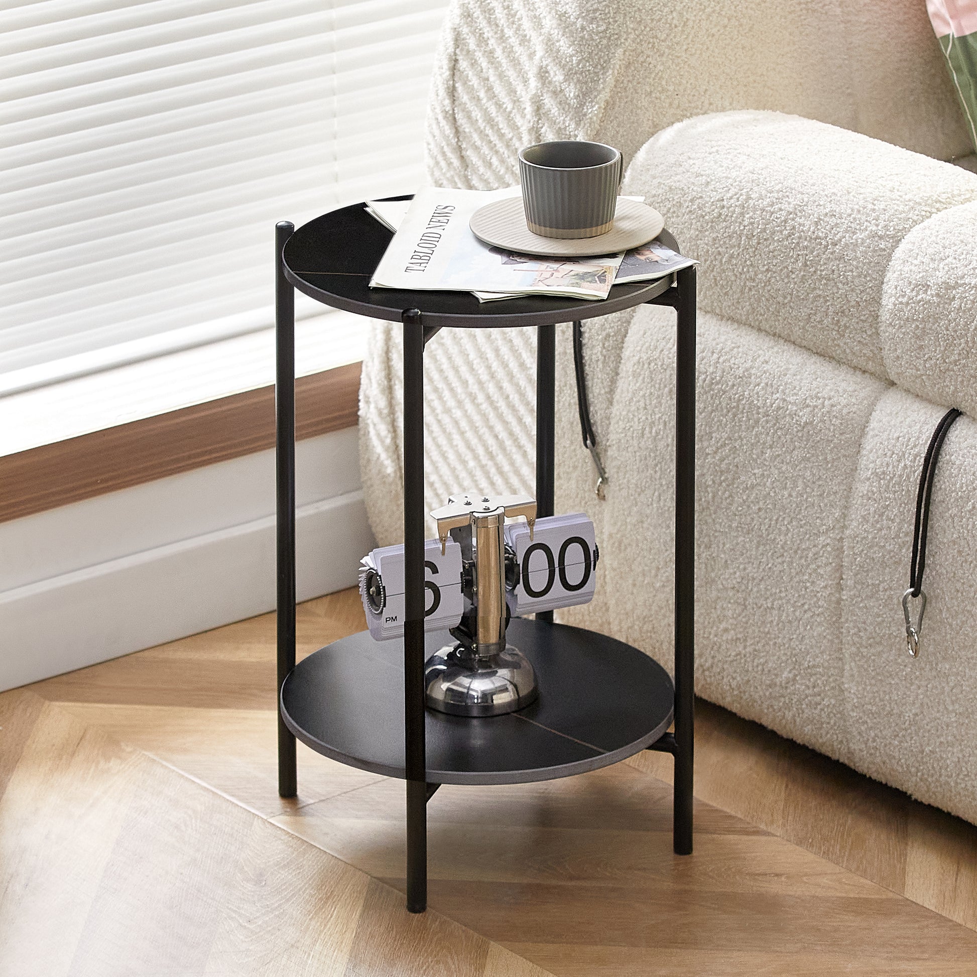 2 Layer End Table With Whole Marble Tabletop, Round Coffee Table With Black Metal Frame For Bedroom Living Room Office Black,1 Piece Black Metal Stone