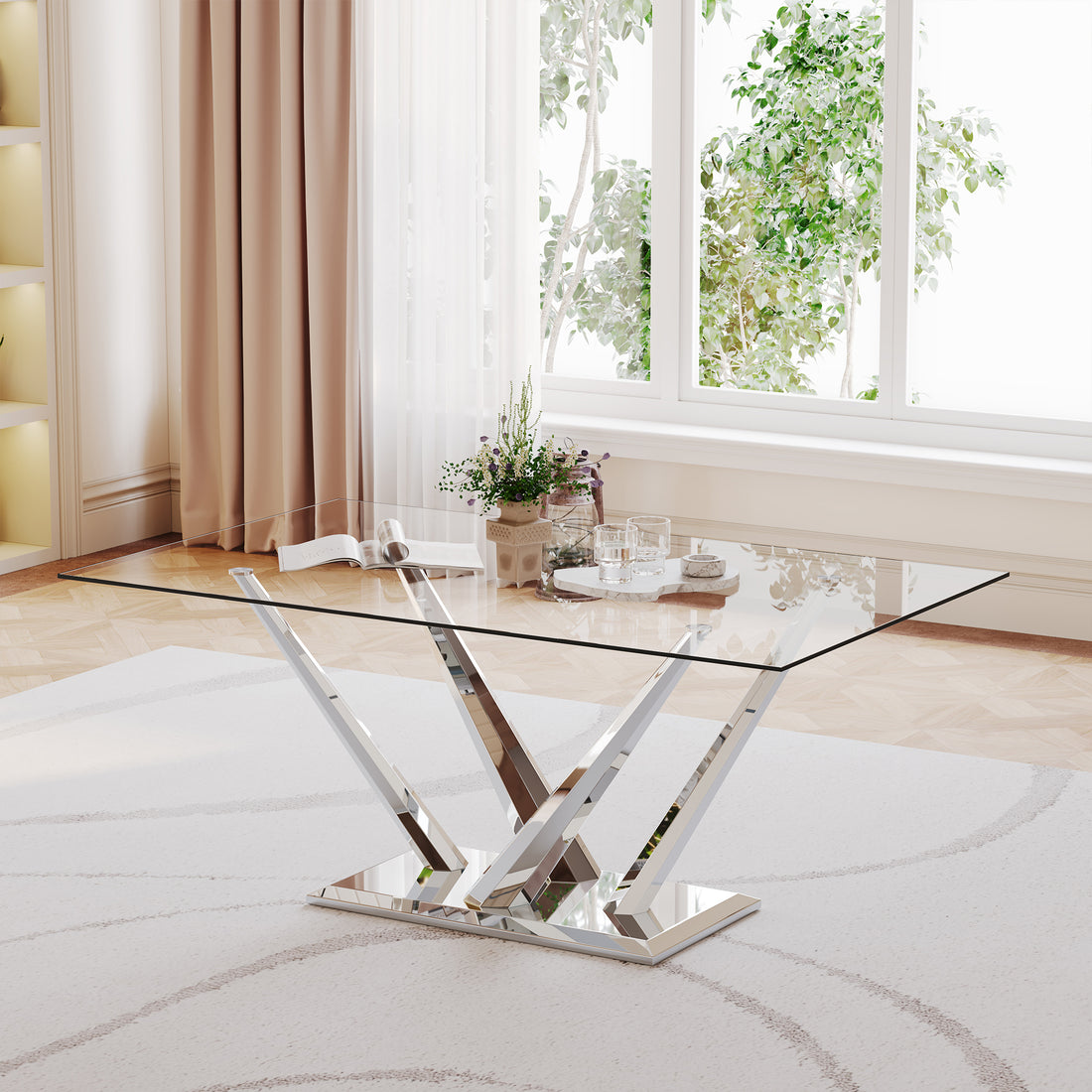 0.39" Thick Tempered Glass Top Rectangular Dining Table With Stainless Steel Base For Dining Room Silver Tempered Glass