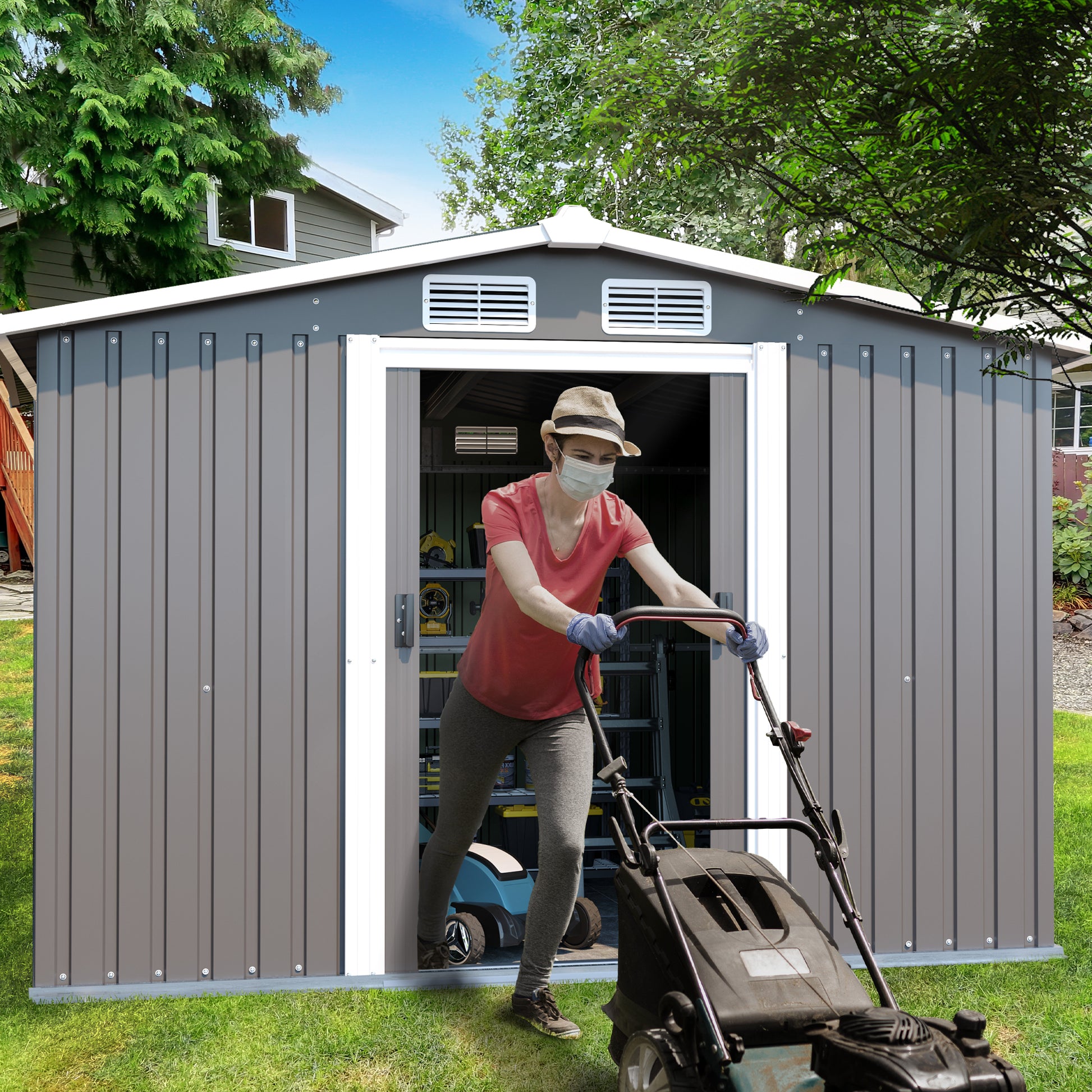 Patio, Lawn & Garden,Metal Outdoor Storage Shed 10Ft X 8Ft, Clearance With Lockable Door Metal Garden Shed Steel Anti Corrosion Storage House Waterproof Tool Shed For Backyard Patio, Lawn And Garden Grey Year Round Use Metal