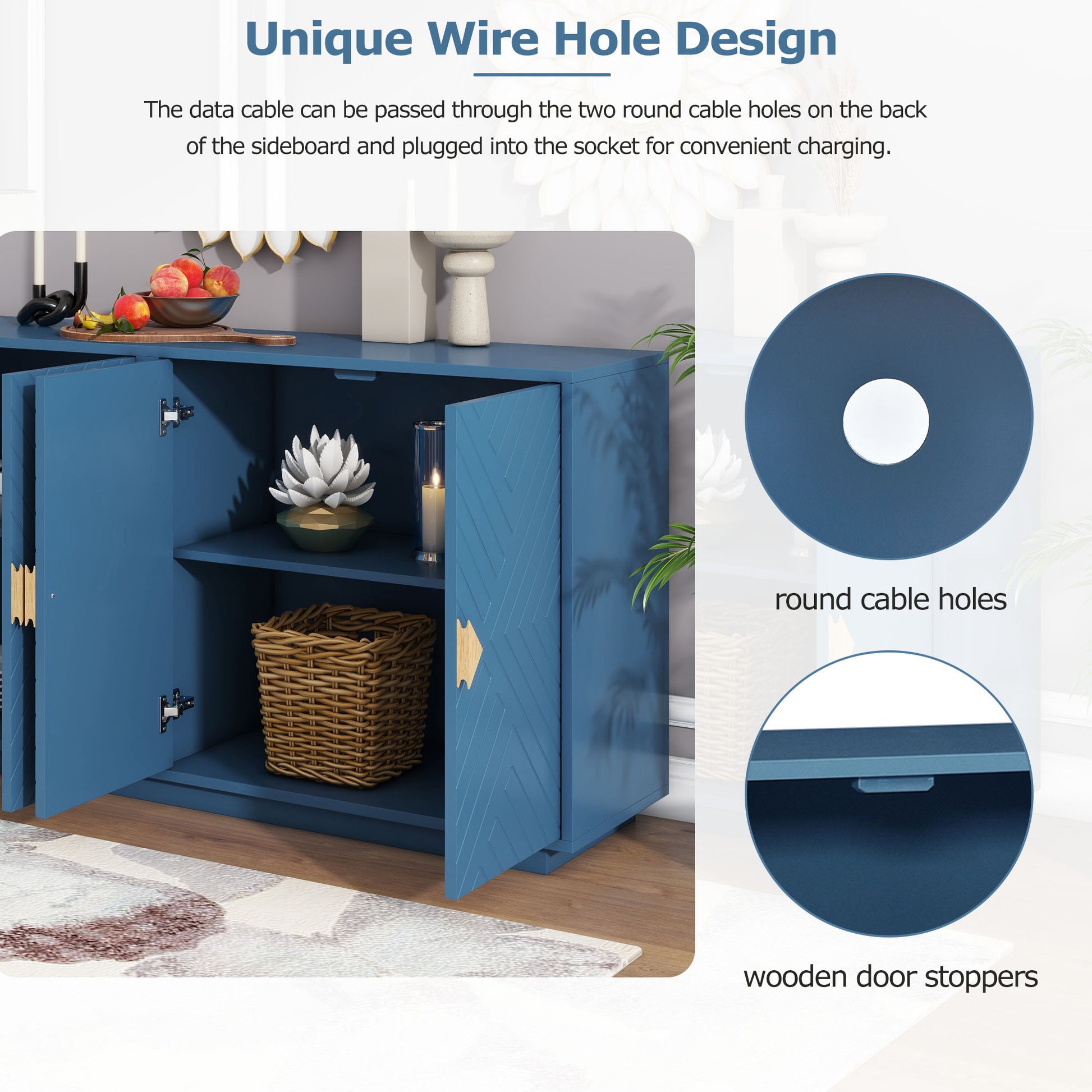 Modern Functional Large Storage Space Sideboard With Wooden Triangular Handles And Adjustable Shelves For Living Room And Dining Room Navy Blue Navy Blue Mdf