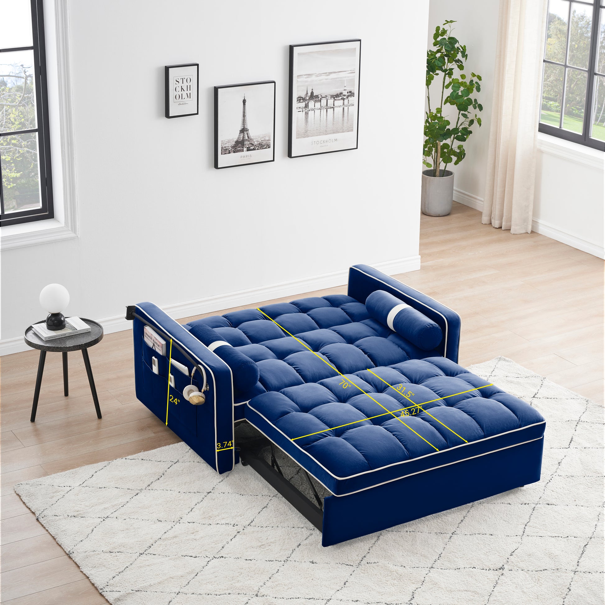 Sleeper Sofa Couch W Pull Out Bed, 55" Modern Velvet Convertible Sleeper Sofa Bed, Small Beautiful Seat Sofa Bed W Pillows & Side Pockets For Small Space, Living Room, Apartment,Blue Blue Velvet 2 Seat