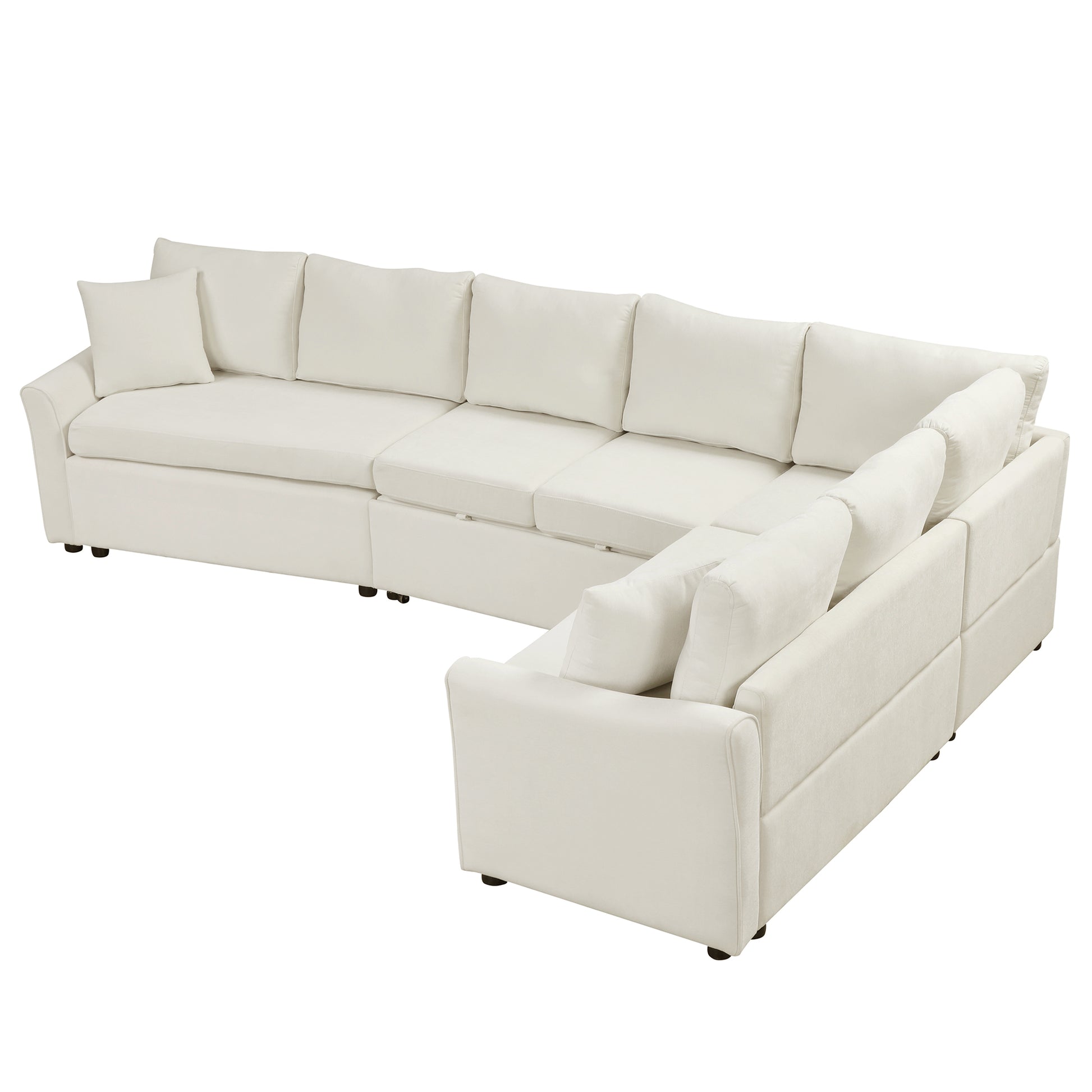 124.8"L Shaped Sofa Convertible Sofa Bed Pull Out Sofa Sleeper With Two Back Pillows, Two Usb Ports And Two Power Sockets For Living Room, Beige Old Sku:Sg000890Aaa Beige Foam Chenille 6 Seat