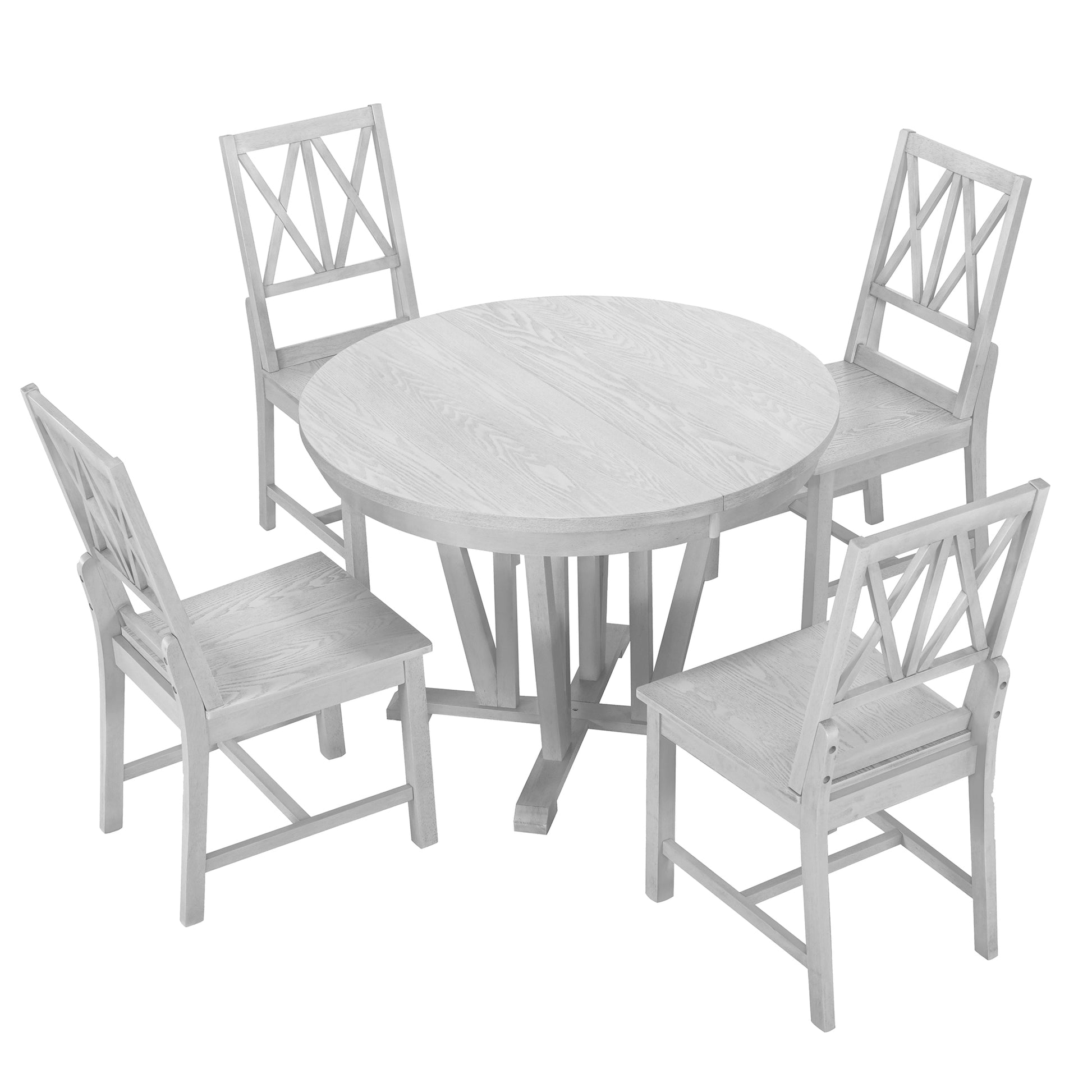 Rustic 5 Piece Extendable Dining Table Set Round Trestle Table And 4 Cross Back Dining Chairs For Kitchen, Dining Room, Gray Gray Wood Dining Room Solid Wood Rubberwood Round Dining Table With Chair Wood Wood Gray Solid Back Seats 4 Removable Leaf