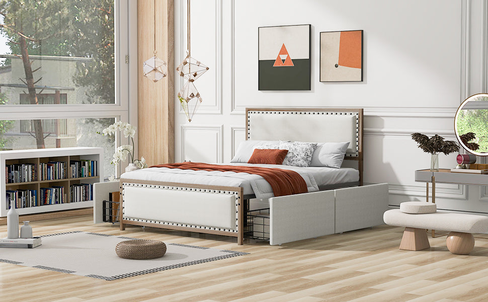 Queen Size Upholstered Platform Bed With Decoration And 4 Drawers, Brown Box Spring Not Required Queen Brown Metal Bedroom Bed Frame Linen Upholstered