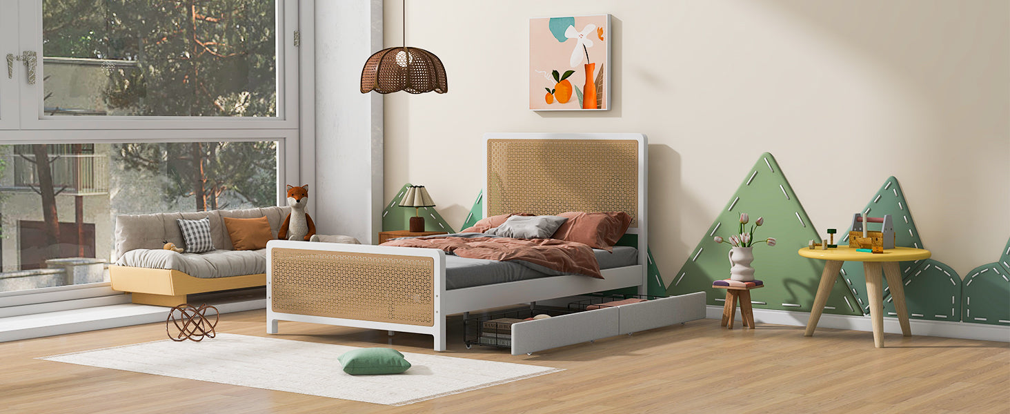 Full Size Metal Platform Bed With 2 Drawers, White Box Spring Not Required Full White Bedroom Bed Frame Metal