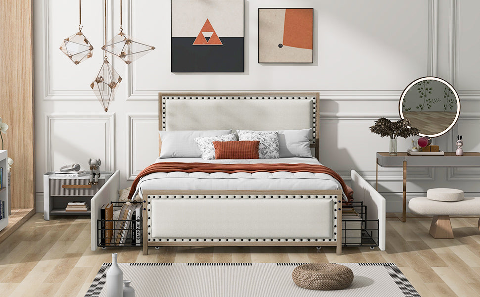 Queen Size Upholstered Platform Bed With Decoration And 4 Drawers, Brown Box Spring Not Required Queen Brown Metal Bedroom Bed Frame Linen Upholstered