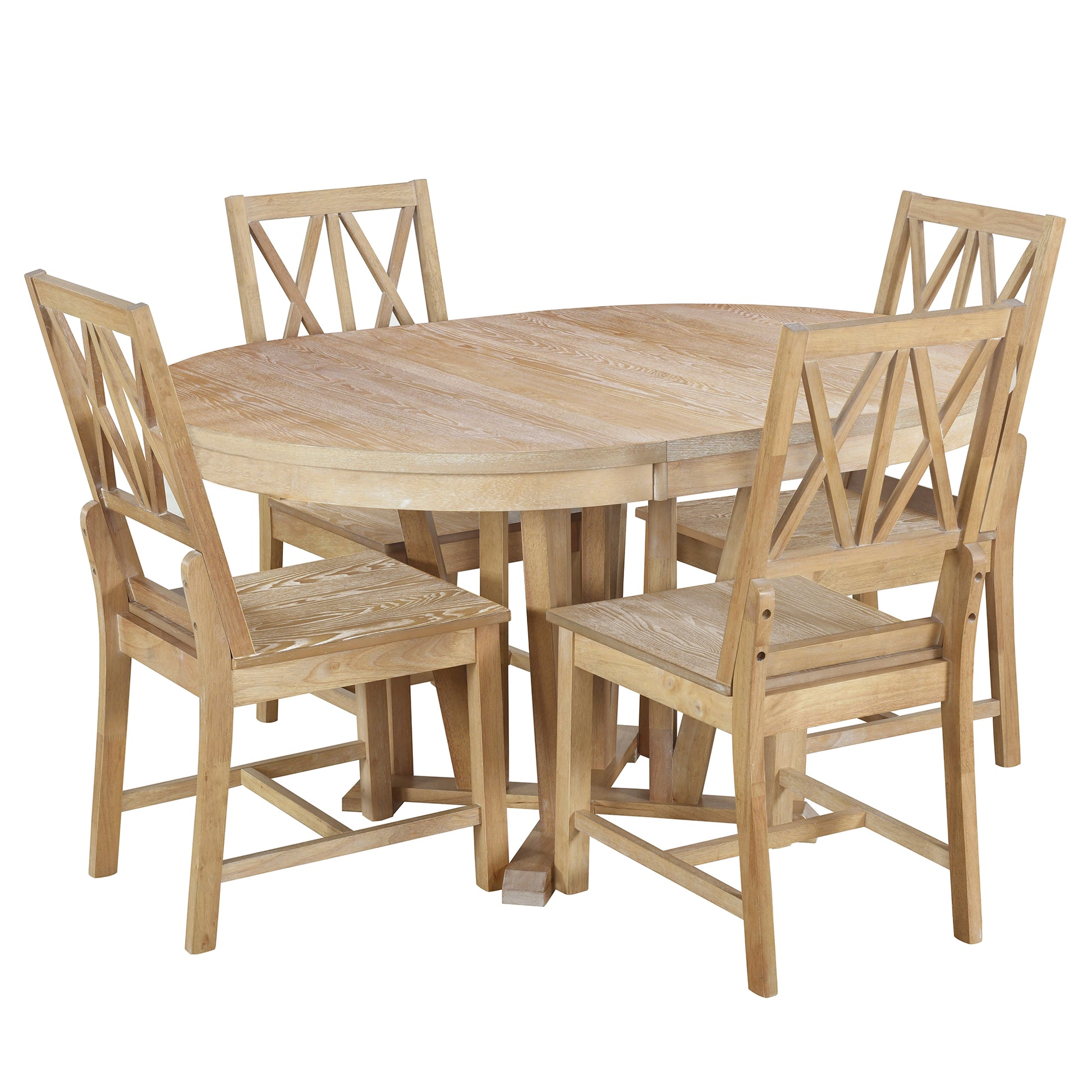 Rustic 5 Piece Extendable Dining Table Set Round Trestle Table And 4 Cross Back Dining Chairs For Kitchen, Dining Room, Natural Wood Dining Room Solid Wood Rubberwood Round Dining Table With Chair Wood Wood Natural Solid Back Seats 4 Removable Leaf