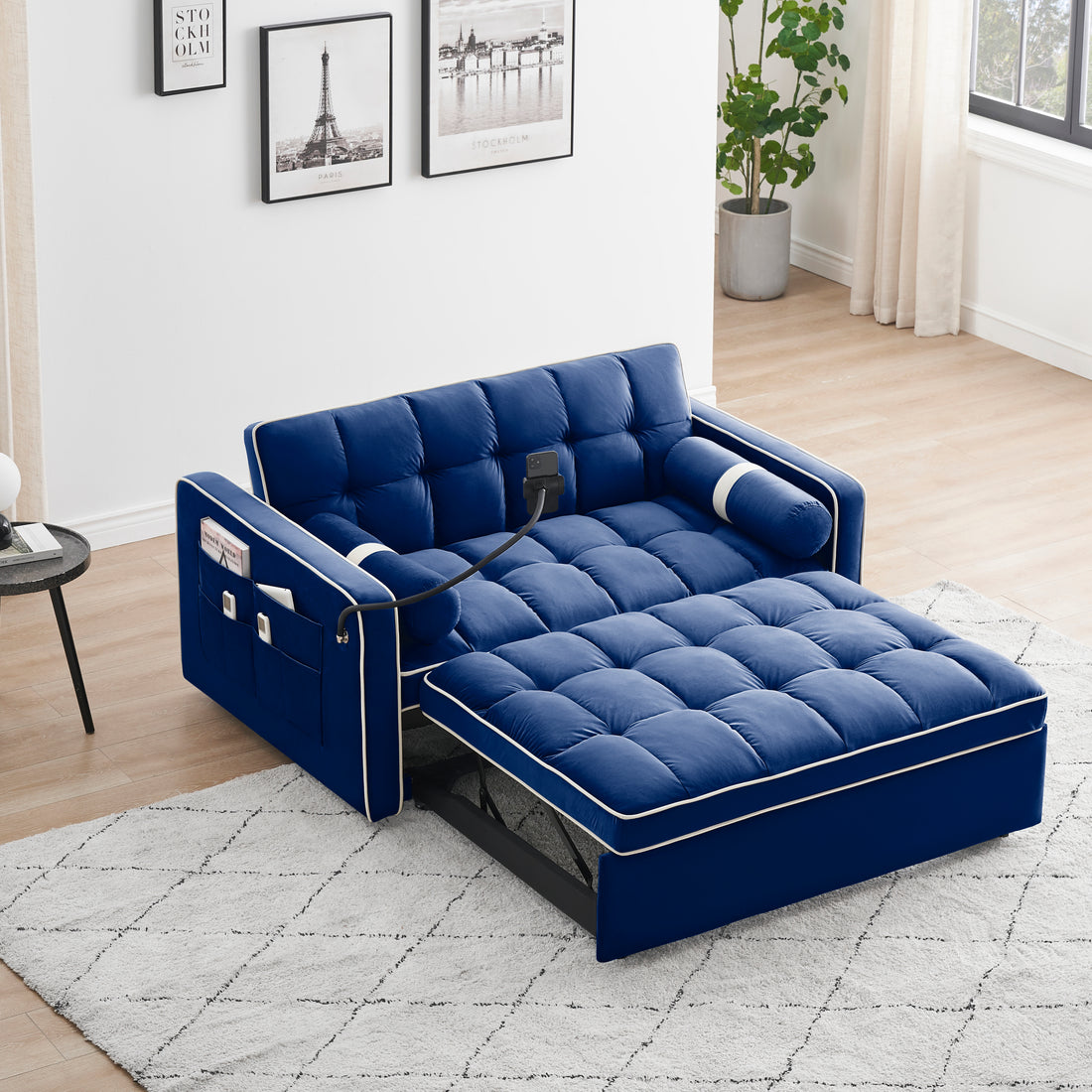 Sleeper Sofa Couch W Pull Out Bed, 55" Modern Velvet Convertible Sleeper Sofa Bed, Small Beautiful Seat Sofa Bed W Pillows & Side Pockets For Small Space, Living Room, Apartment,Blue Blue Velvet 2 Seat