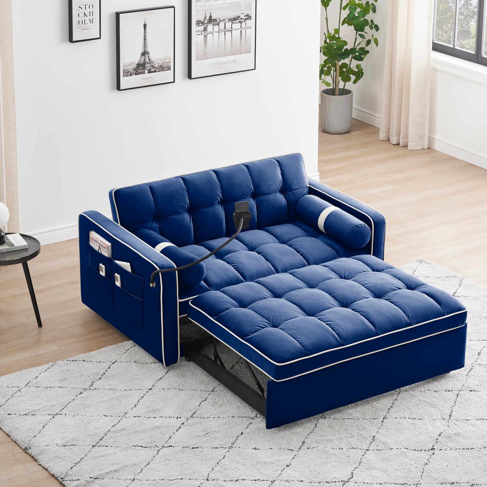 Sleeper Sofa Couch W Pull Out Bed, 55" Modern Velvet Convertible Sleeper Sofa Bed, Small Beautiful Seat Sofa Bed W Pillows & Side Pockets For Small Space, Living Room, Apartment,Blue Blue Velvet 2 Seat