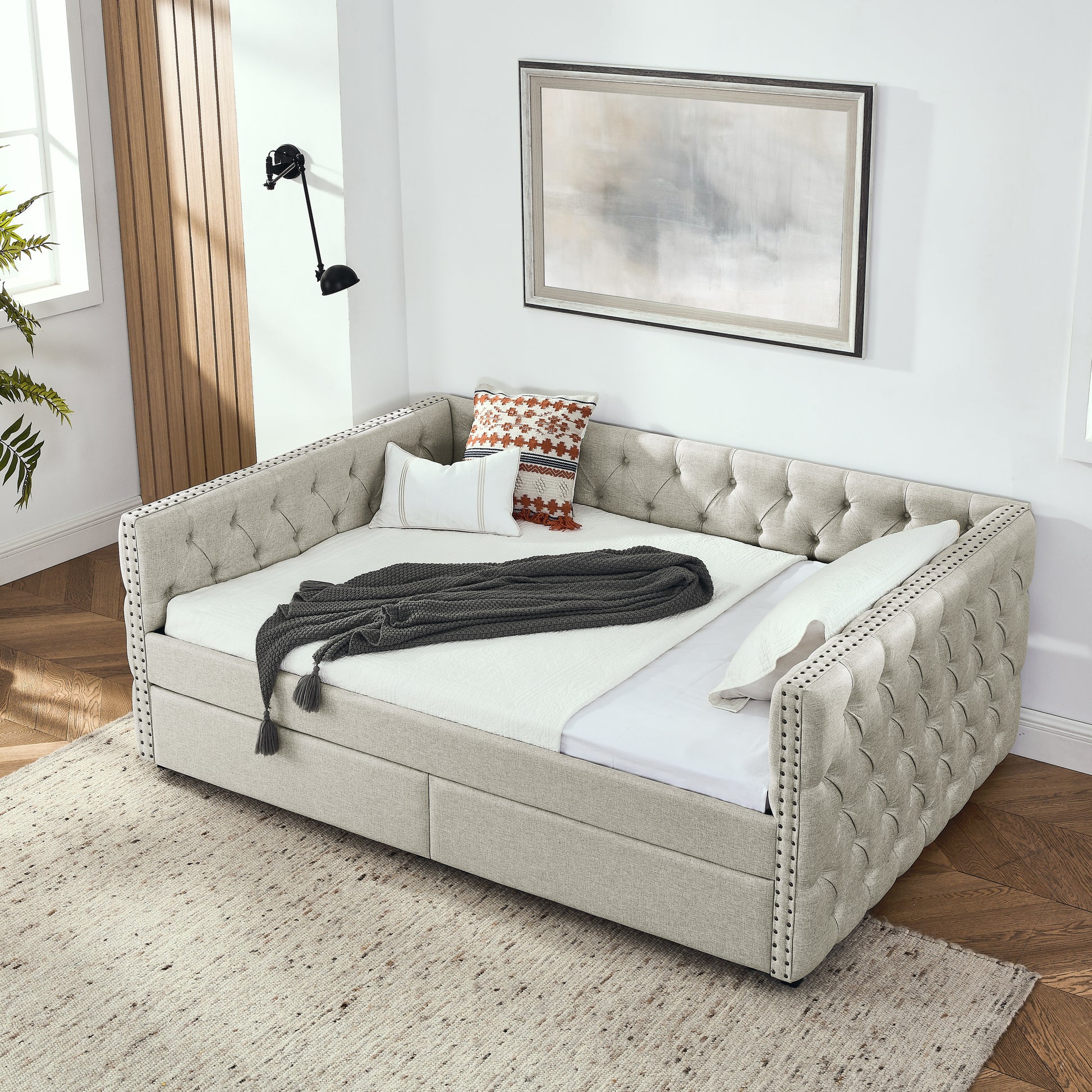 Upholstered Full Size Daybed With Two Drawers, With Button And Copper Nail On Square Arms, Beige 82.75''X58''X30.75'' Box Spring Not Required Full Beige Composite Bedroom Classic,Contemporary,Luxury,Modern,Traditional Linen Linen