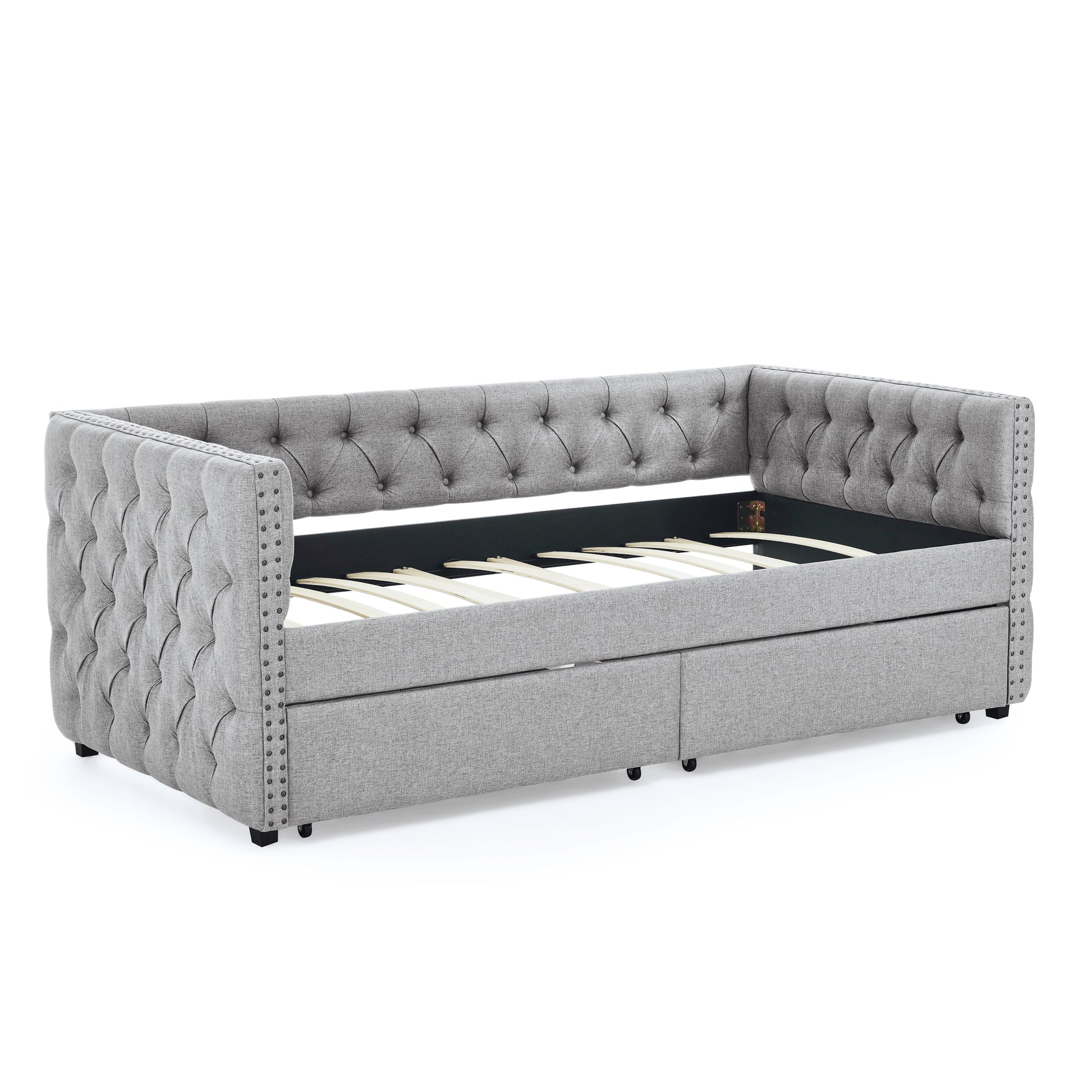 Upholstered Twin Size Daybed With Two Drawers, With Button And Copper Nail On Square Arms, Grey 82.75''X43''X30.75'' Box Spring Not Required Twin Grey Composite Bedroom Classic,Contemporary,Luxury,Modern,Traditional Linen Linen