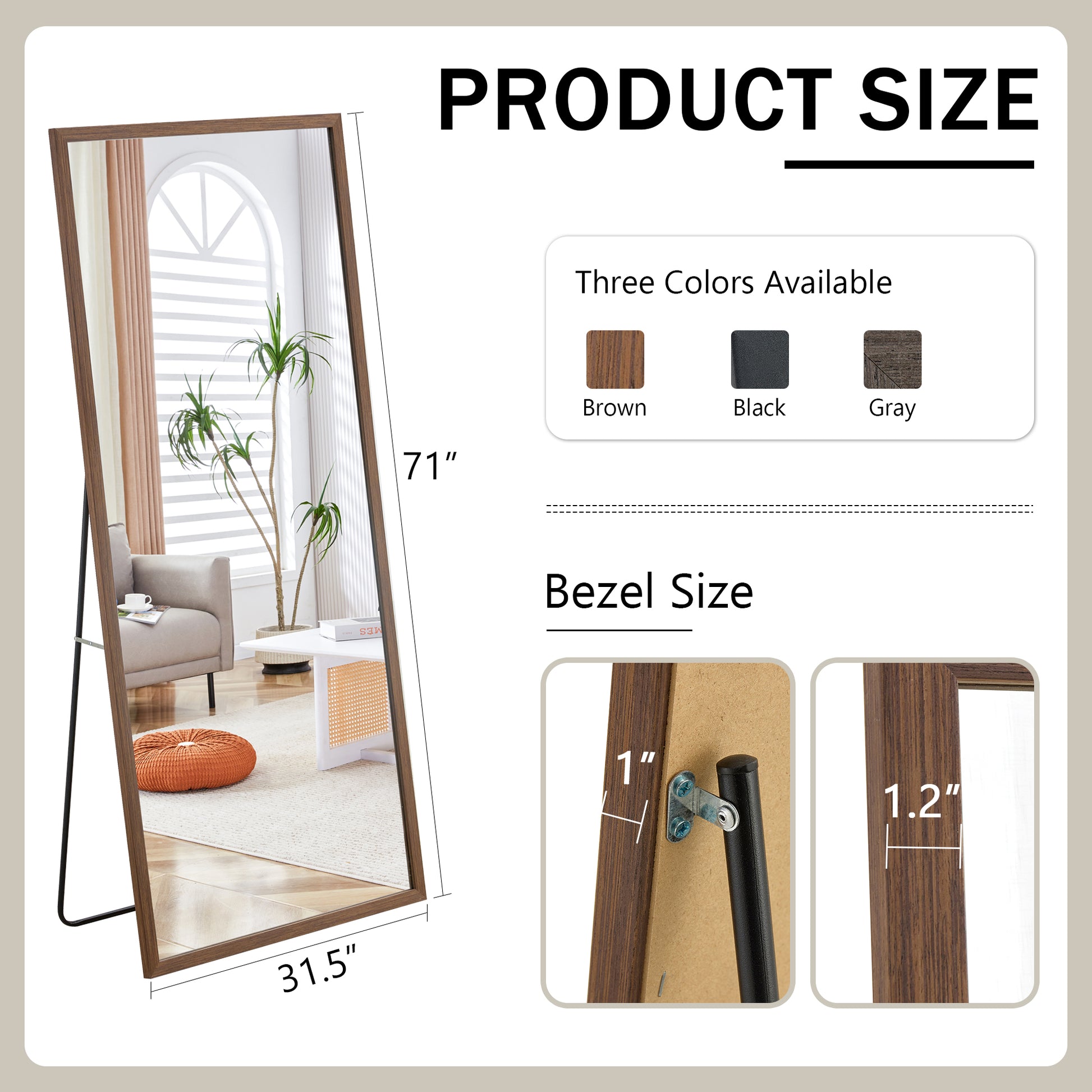 Fourth Generation Solid Wood Frame Full Length Mirror, Dressing Mirror, Bedroom Porch, Decorative Mirror, Clothing Store, Floor Standing Large Mirror, Wall Mounted. 71 "* 31.5" Brown Glass