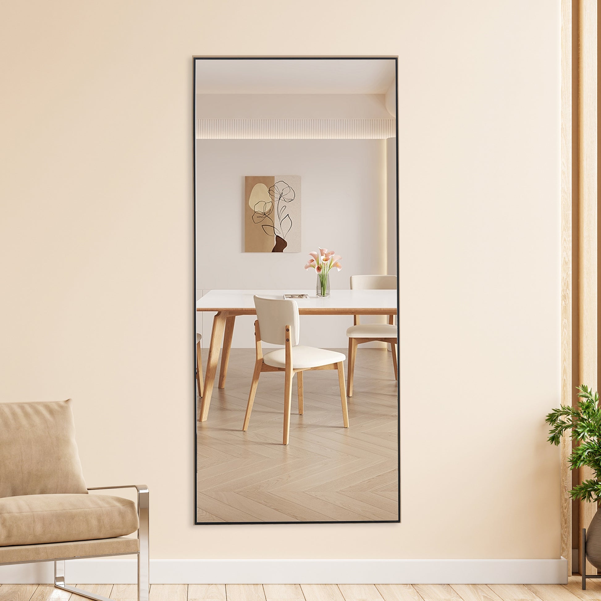 Fourth Generation Black Solid Wood Frame Full Length Mirror, Dressing Mirror, Bedroom Porch, Decorative Mirror, Clothing Store, Floor Standing Large Mirror, Wall Mounted. 71 "* 31.4" Black Glass