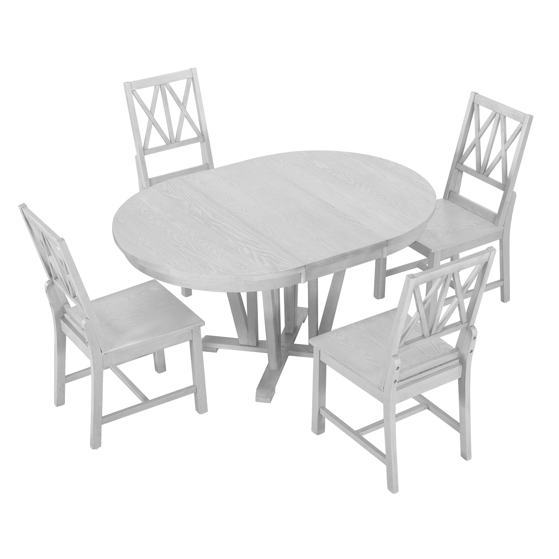 Rustic 5 Piece Extendable Dining Table Set Round Trestle Table And 4 Cross Back Dining Chairs For Kitchen, Dining Room, Gray Gray Wood Dining Room Solid Wood Rubberwood Round Dining Table With Chair Wood Wood Gray Solid Back Seats 4 Removable Leaf