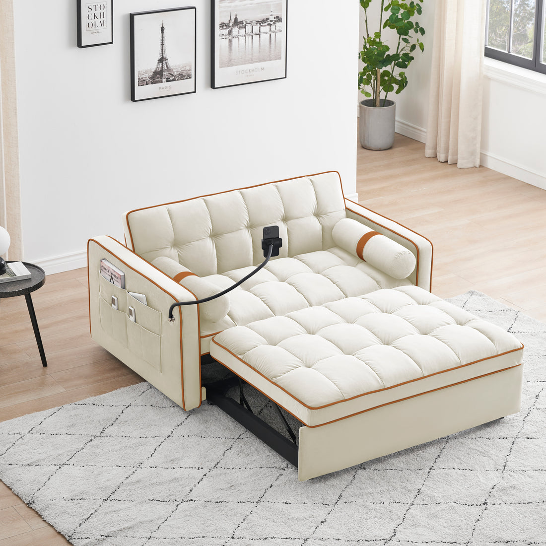 Sleeper Sofa Couch W Pull Out Bed, 55" Modern Velvet Convertible Sleeper Sofa Bed, Small Beautiful Seat Sofa Bed W Pillows & Side Pockets For Small Space, Living Room, Apartment,Beige Beige Velvet