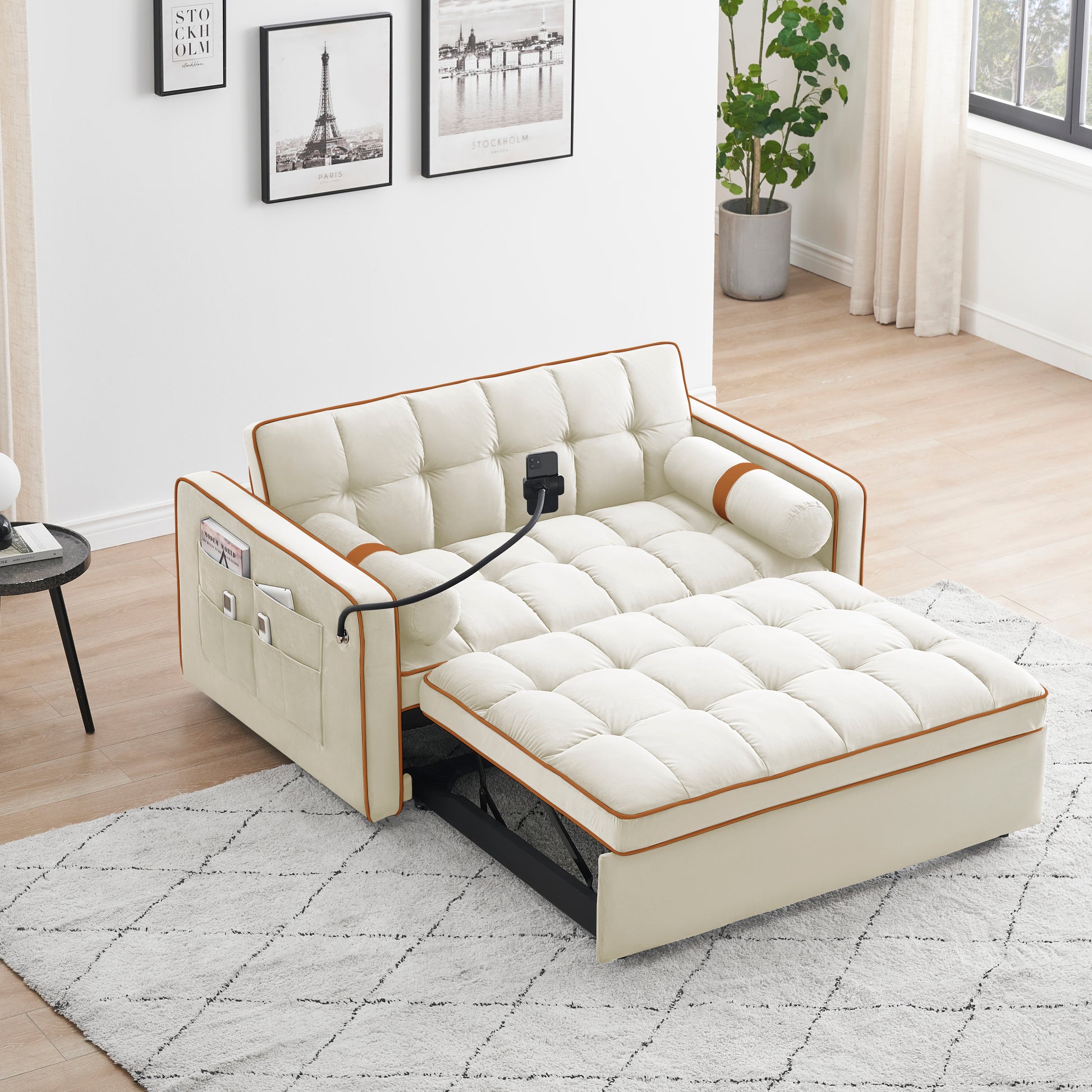 Sleeper Sofa Couch W Pull Out Bed, 55" Modern Velvet Convertible Sleeper Sofa Bed, Small Beautiful Seat Sofa Bed W Pillows & Side Pockets For Small Space, Living Room, Apartment,Beige Beige Velvet