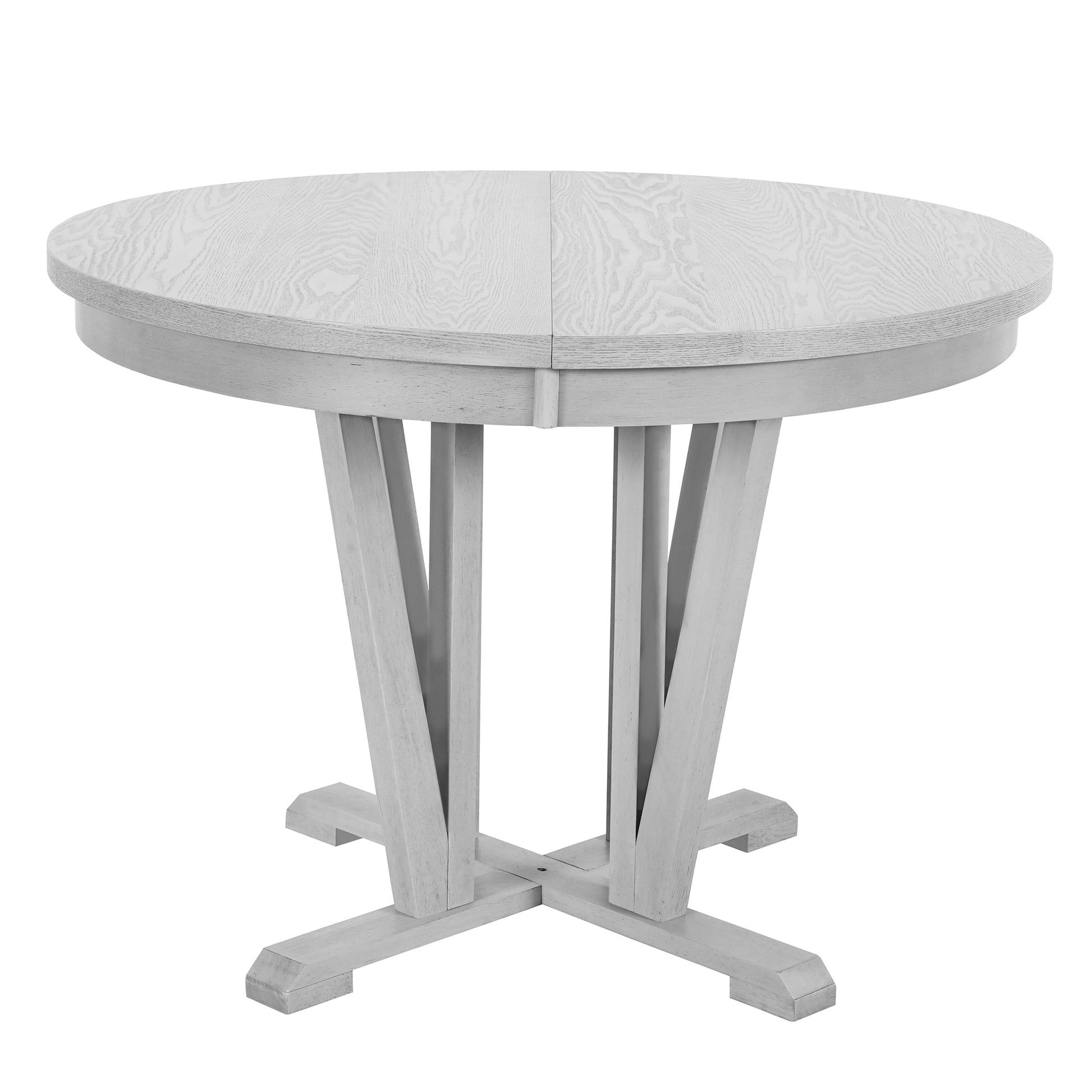 Rustic 5 Piece Extendable Dining Table Set Round Trestle Table And 4 Cross Back Dining Chairs For Kitchen, Dining Room, Gray Gray Wood Dining Room Solid Wood Rubberwood Round Dining Table With Chair Wood Wood Gray Solid Back Seats 4 Removable Leaf