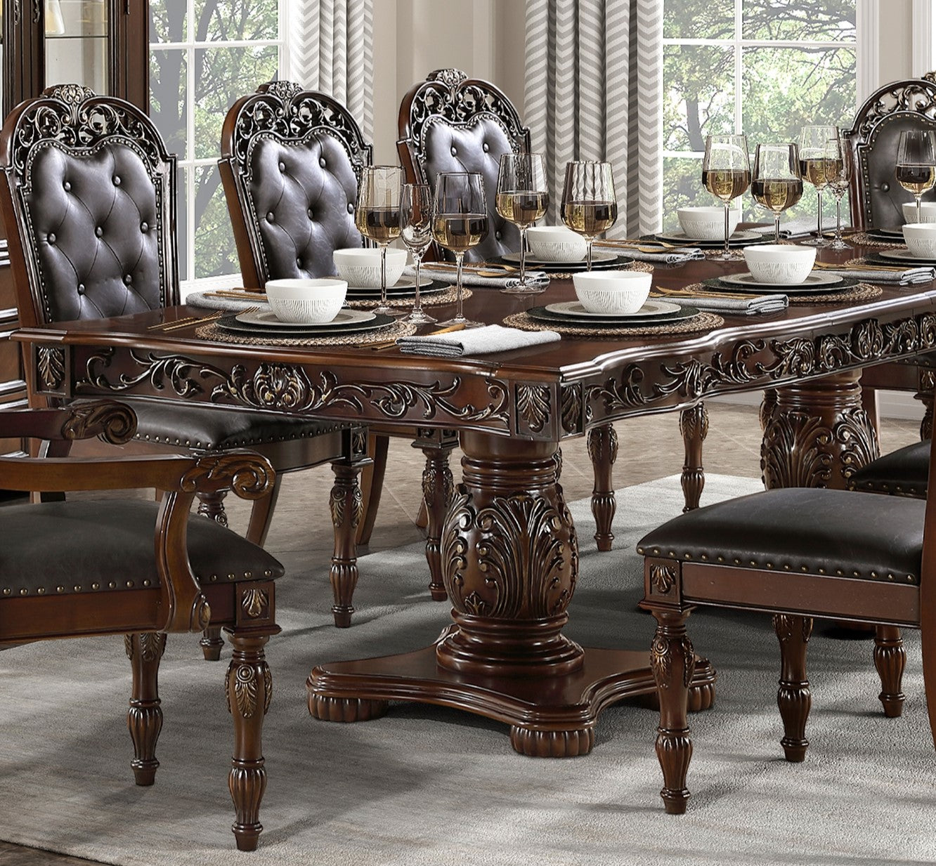 Traditional Style Dining Table With Extension Leaves Cherry Finish With Gold Tipping Double Pedestal Base Wooden Dining Furniture Cherry Dining Room American Traditional,Ornate Traditional,Traditional Kitchen & Dining Tables Wood Pedestal