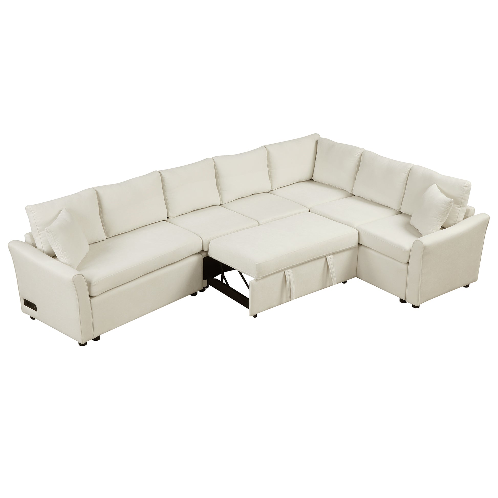 124.8"L Shaped Sofa Convertible Sofa Bed Pull Out Sofa Sleeper With Two Back Pillows, Two Usb Ports And Two Power Sockets For Living Room, Beige Old Sku:Sg000890Aaa Beige Foam Chenille 6 Seat