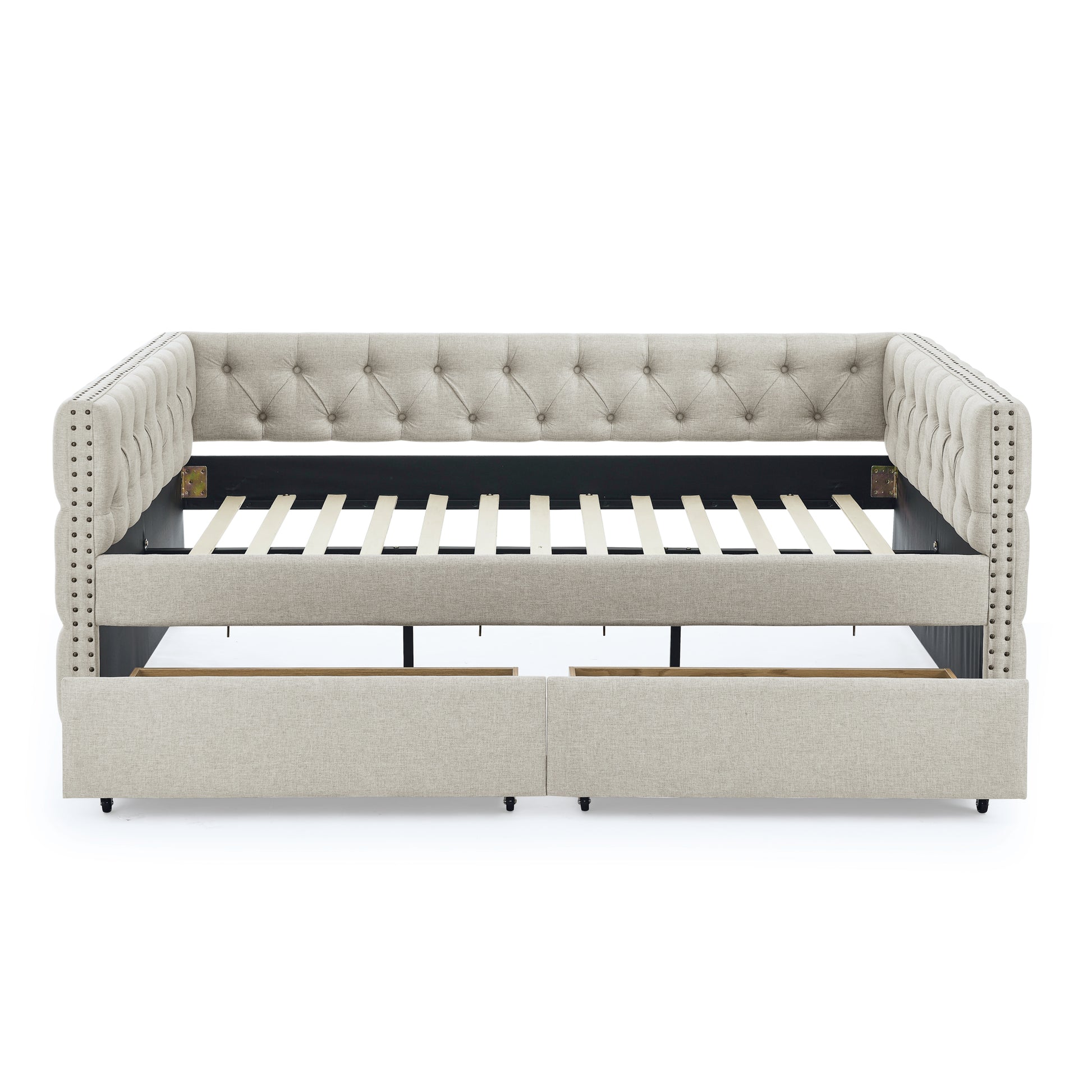 Upholstered Full Size Daybed With Two Drawers, With Button And Copper Nail On Square Arms, Beige 82.75''X58''X30.75'' Box Spring Not Required Full Beige Composite Bedroom Classic,Contemporary,Luxury,Modern,Traditional Linen Linen