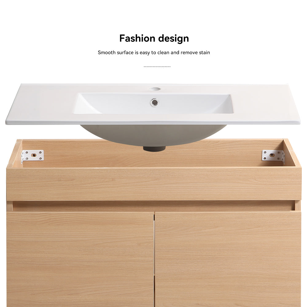 30 Inch Wall Mounted Bathroom Vanity With White Ceramic Basin,Two Soft Close Cabinet Doors, Solid Wood,Excluding Faucets,Light Oak Light Oak Solid Wood