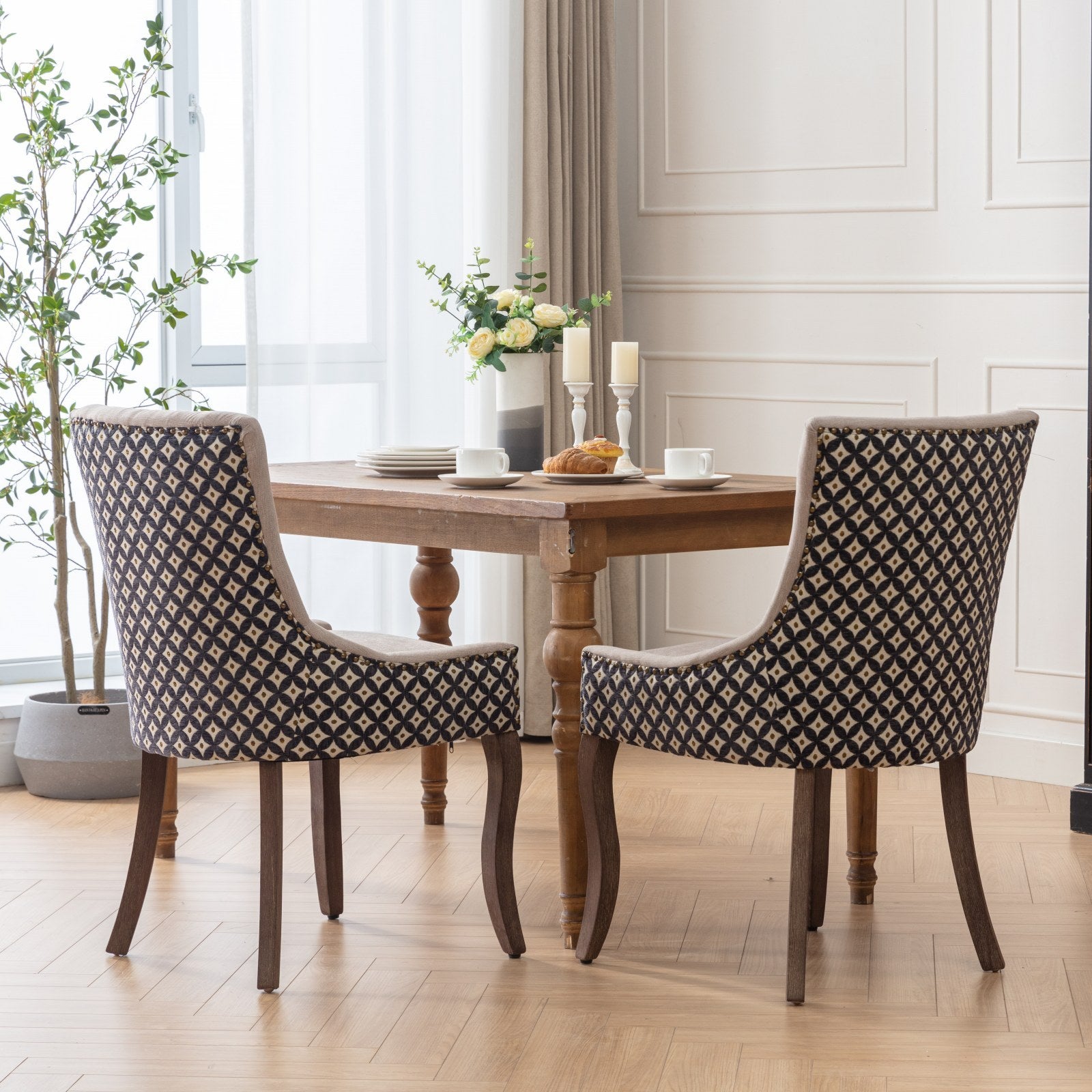 Ultra Side Dining Chair, Thickened Fabric Chairs With Neutrally Toned Solid Wood Legs, Bronze Nail Head, Set Of 2, Beige And Patterned,Sw2207Bg Beige Black Dining Room American Design Rubberwood Set Of 2 Foam Fabric