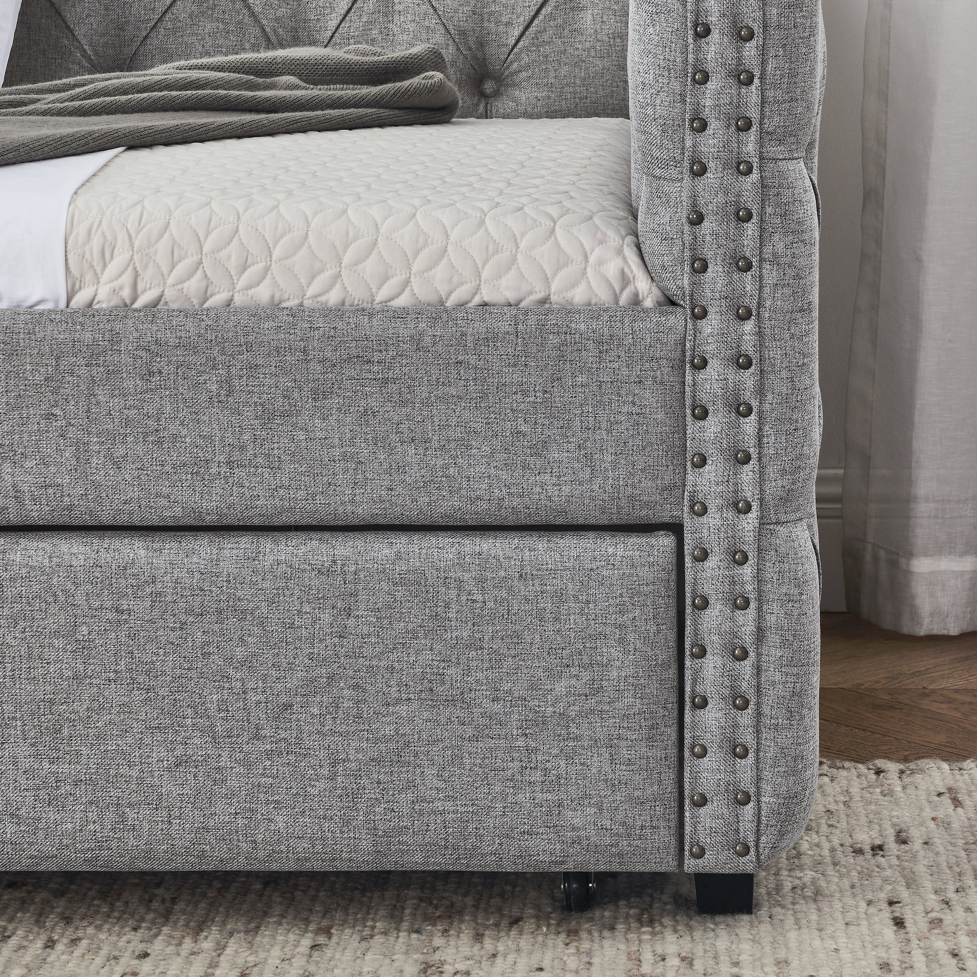 Upholstered Twin Size Daybed With Two Drawers, With Button And Copper Nail On Square Arms, Grey 82.75''X43''X30.75'' Box Spring Not Required Twin Grey Composite Bedroom Classic,Contemporary,Luxury,Modern,Traditional Linen Linen