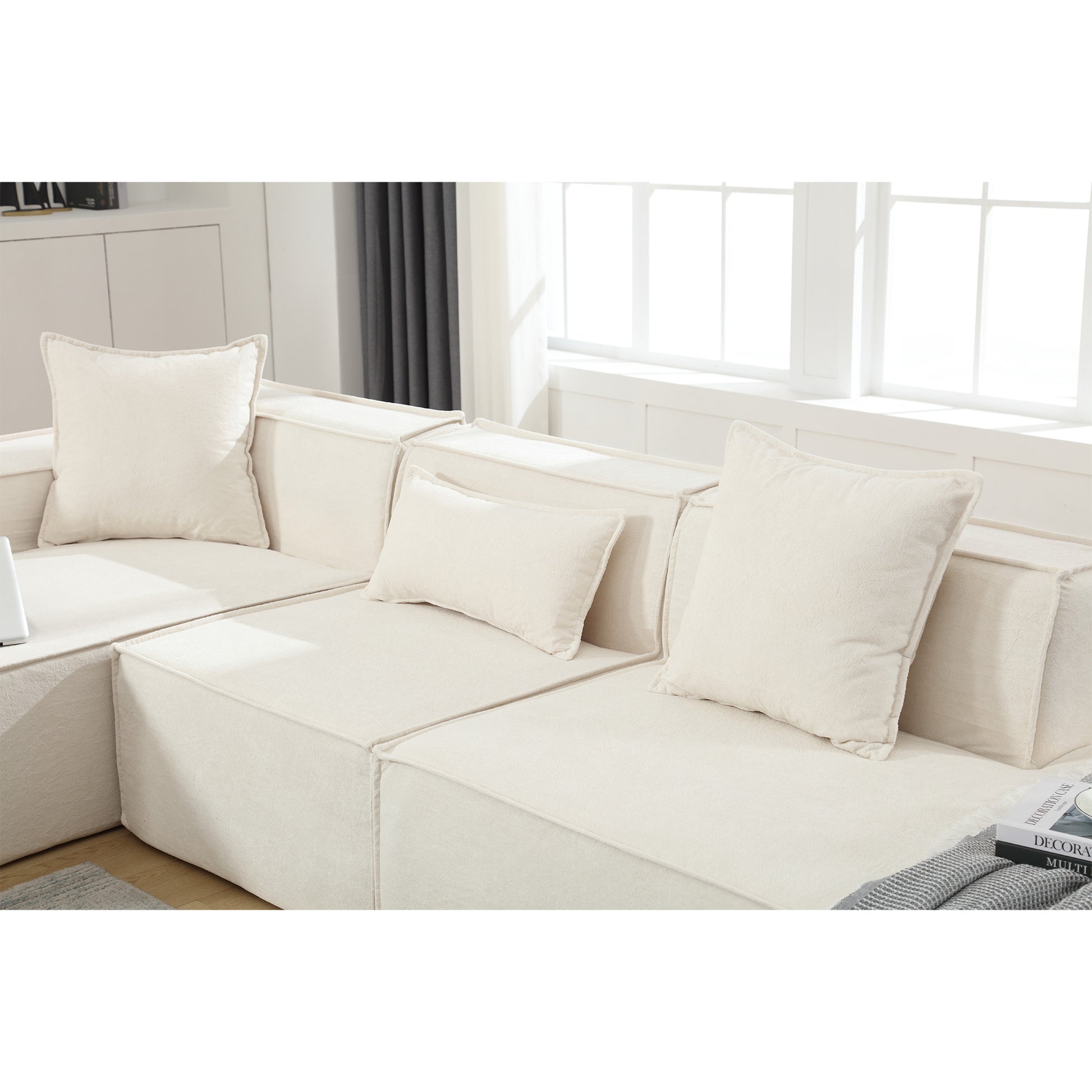 Modular Combination Living Room Sofa Set, Modern Minimalist Sofa, Free Installation Sofa, L Shaped, Italian Minimalist Tofu Block Sofa, Left Hand Facing,Terrycloth Fabricbeige Beige Polyester