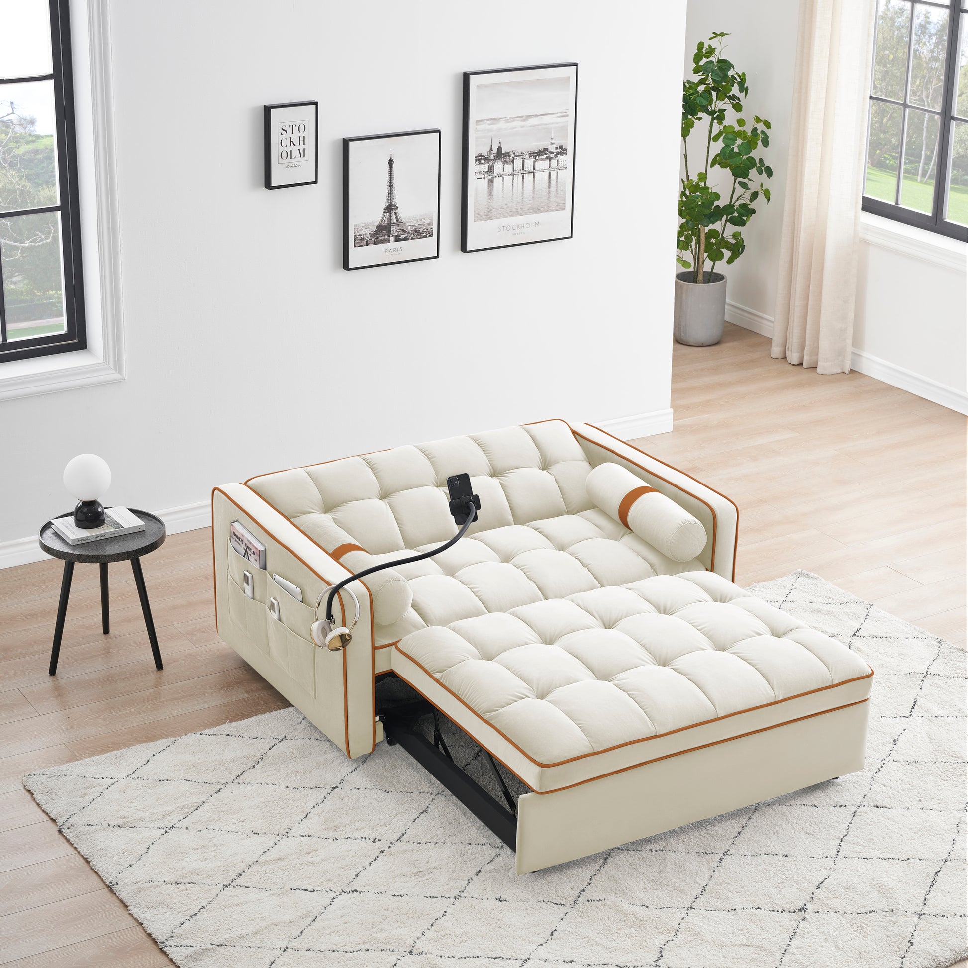 Sleeper Sofa Couch W Pull Out Bed, 55" Modern Velvet Convertible Sleeper Sofa Bed, Small Beautiful Seat Sofa Bed W Pillows & Side Pockets For Small Space, Living Room, Apartment,Beige Beige Velvet