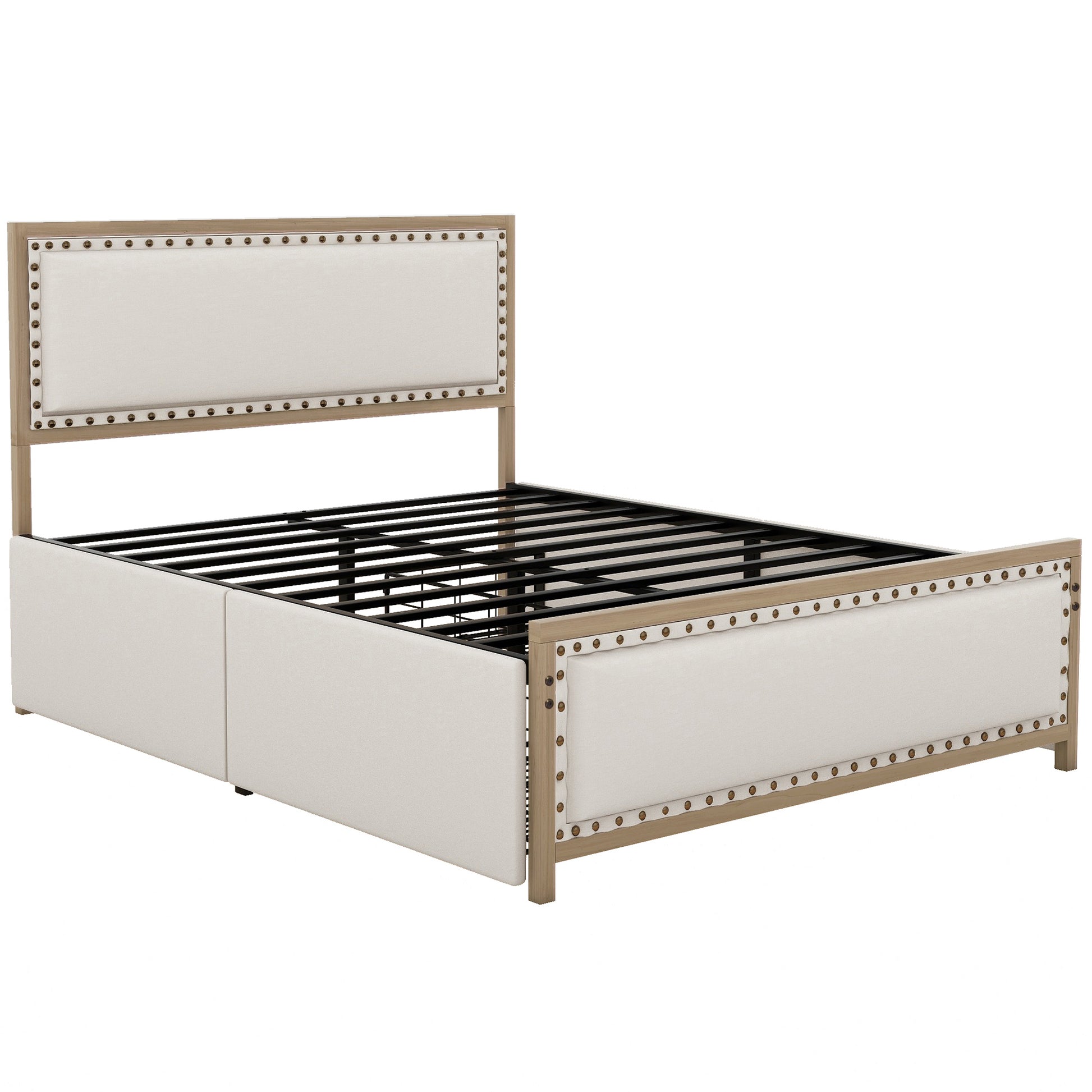 Queen Size Upholstered Platform Bed With Decoration And 4 Drawers, Brown Box Spring Not Required Queen Brown Metal Bedroom Bed Frame Linen Upholstered