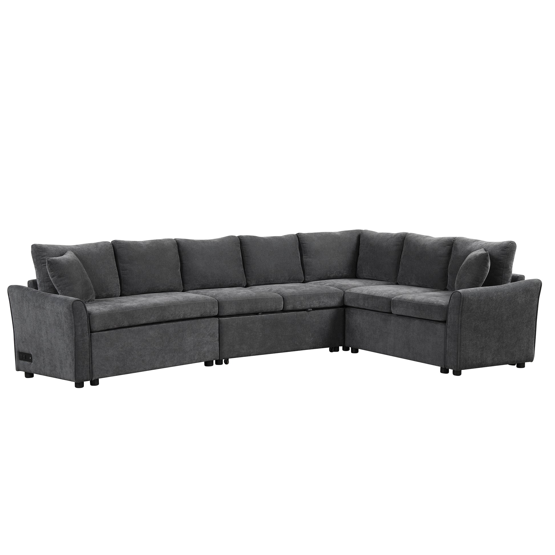 124.8"L Shaped Sofa Convertible Sofa Bed Pull Out Sofa Sleeper With Two Back Pillows, Two Usb Ports And Two Power Sockets For Living Room, Gray Old Sku:Sg000890Aae Gray Foam Chenille 6 Seat