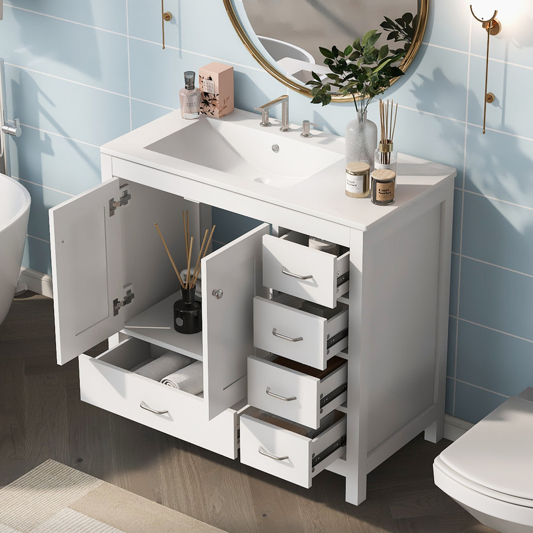 36" White Bathroom Vanity with Ceramic Sink Combo
