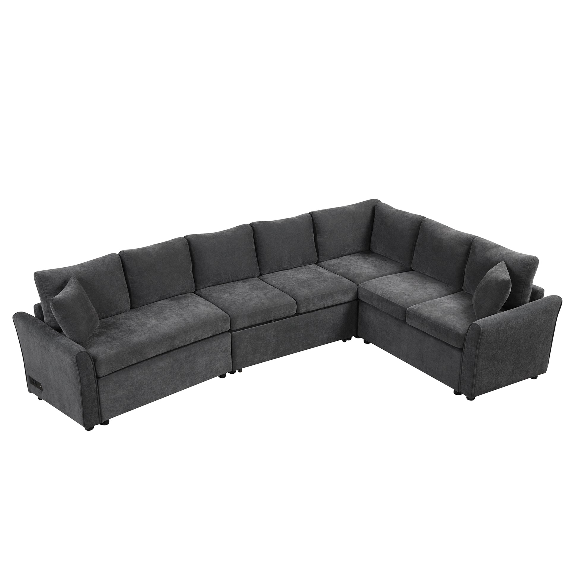 124.8"L Shaped Sofa Convertible Sofa Bed Pull Out Sofa Sleeper With Two Back Pillows, Two Usb Ports And Two Power Sockets For Living Room, Gray Old Sku:Sg000890Aae Gray Foam Chenille 6 Seat