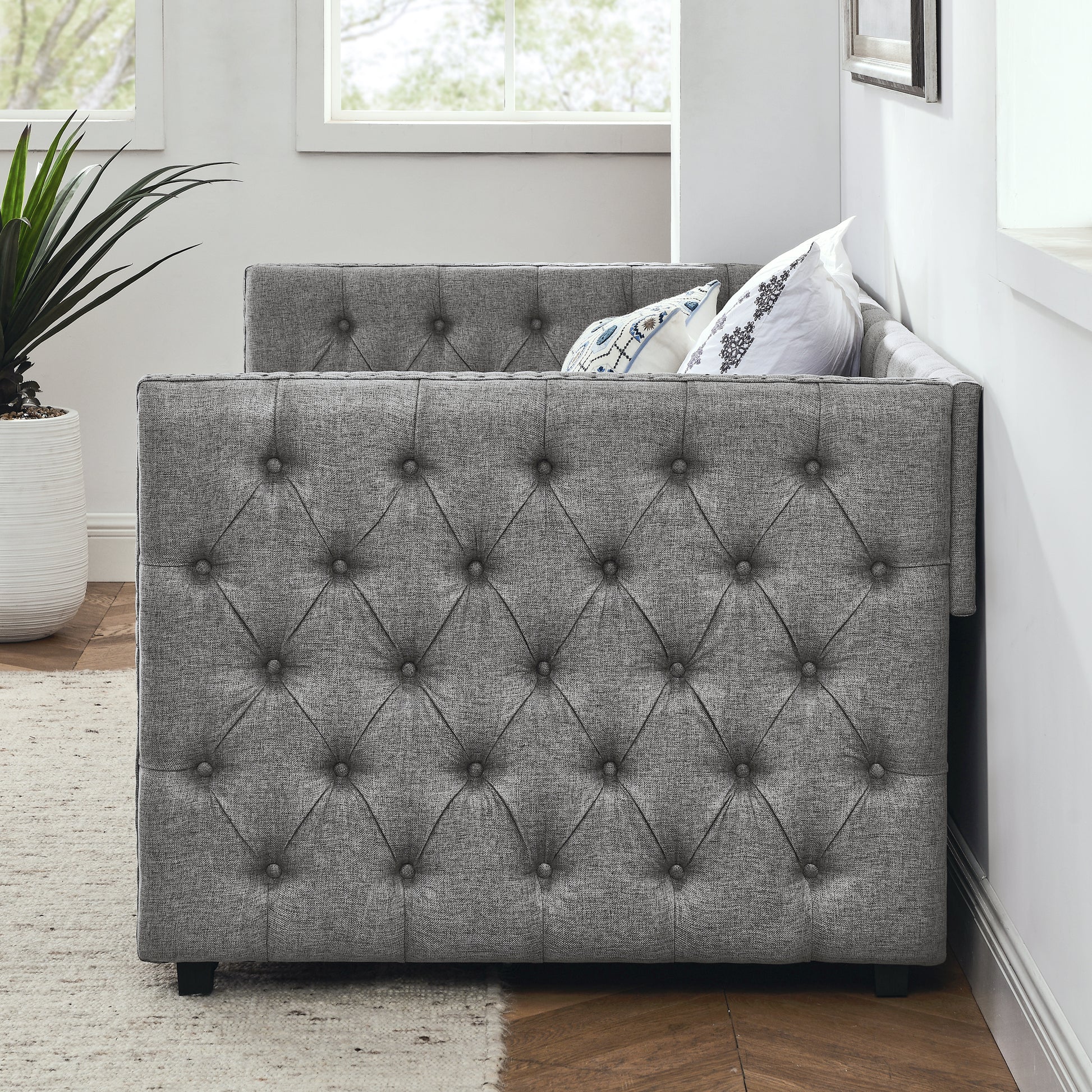 Upholstered Twin Size Daybed With Two Drawers, With Button And Copper Nail On Square Arms, Grey 82.75''X43''X30.75'' Box Spring Not Required Twin Grey Composite Bedroom Classic,Contemporary,Luxury,Modern,Traditional Linen Linen